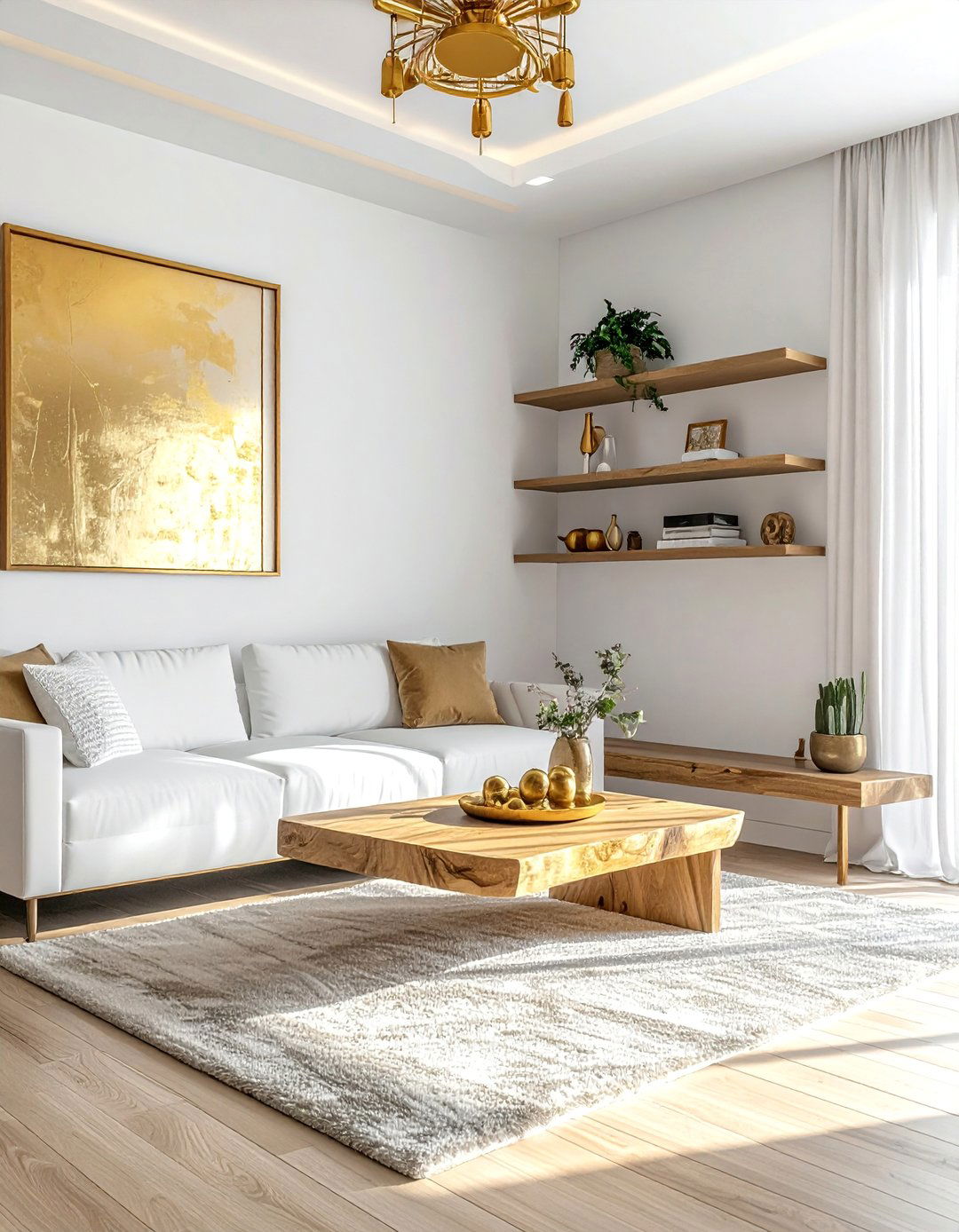 White and Gold Living Room with Natural Wood Elements - 25 White and Gold Living Room Ideas for Elegance