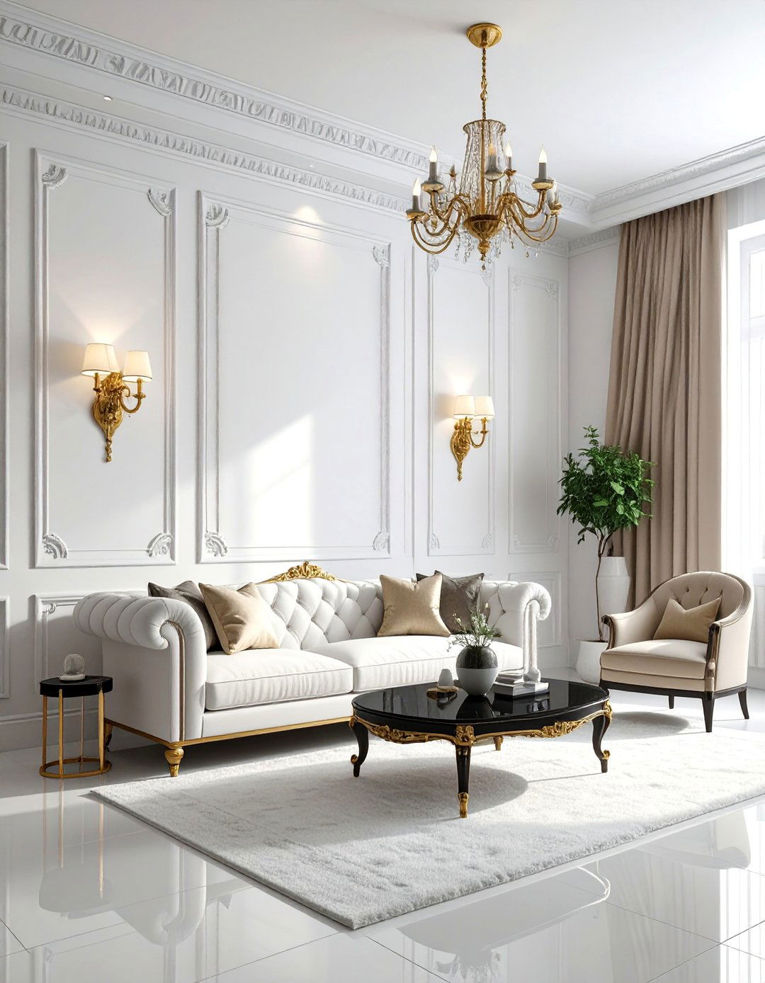White and Gold Living Room with Paneled Walls - 25 White and Gold Living Room Ideas for Elegance