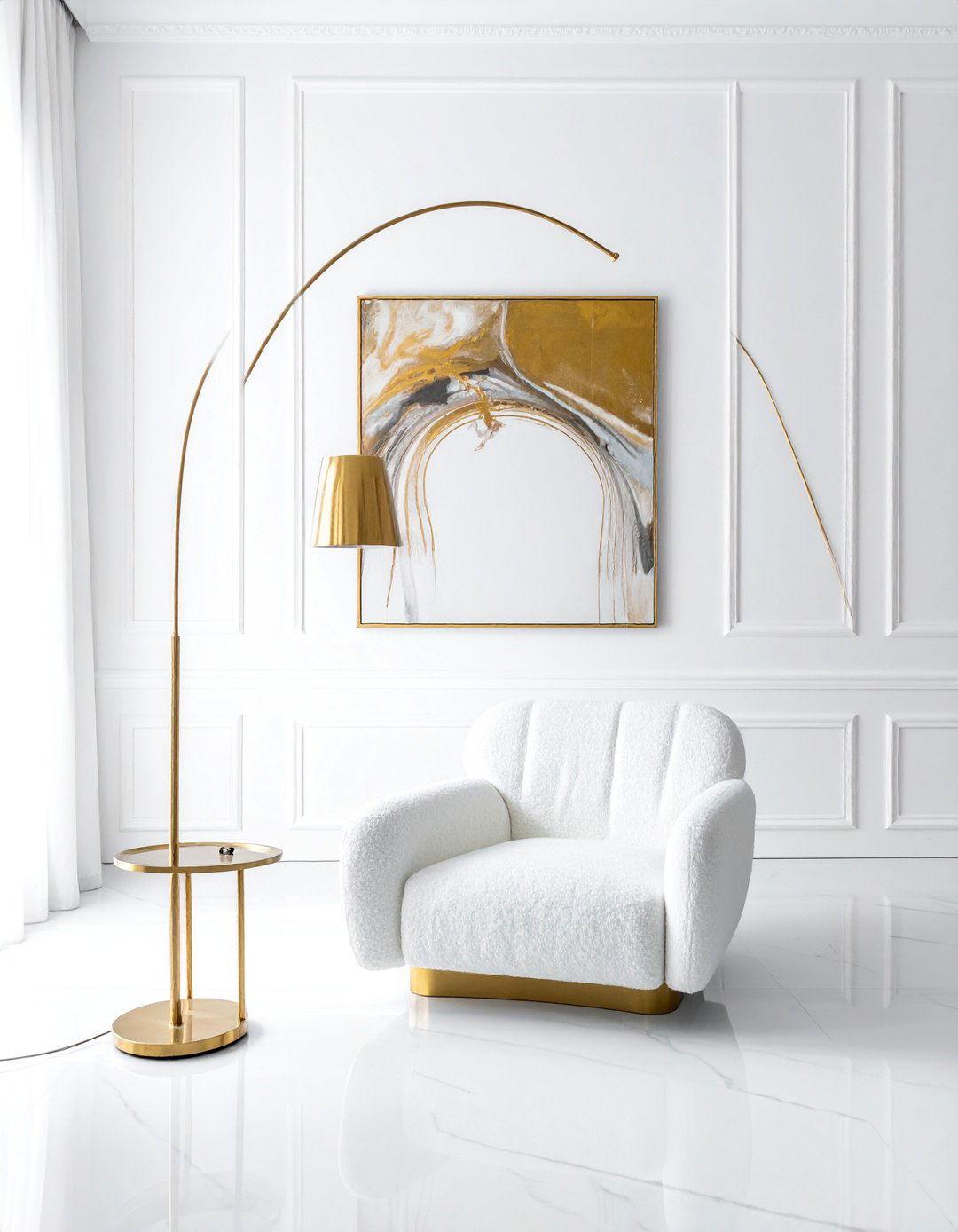 White and Gold Living Room with Sculptural Lighting - 25 White and Gold Living Room Ideas for Elegance