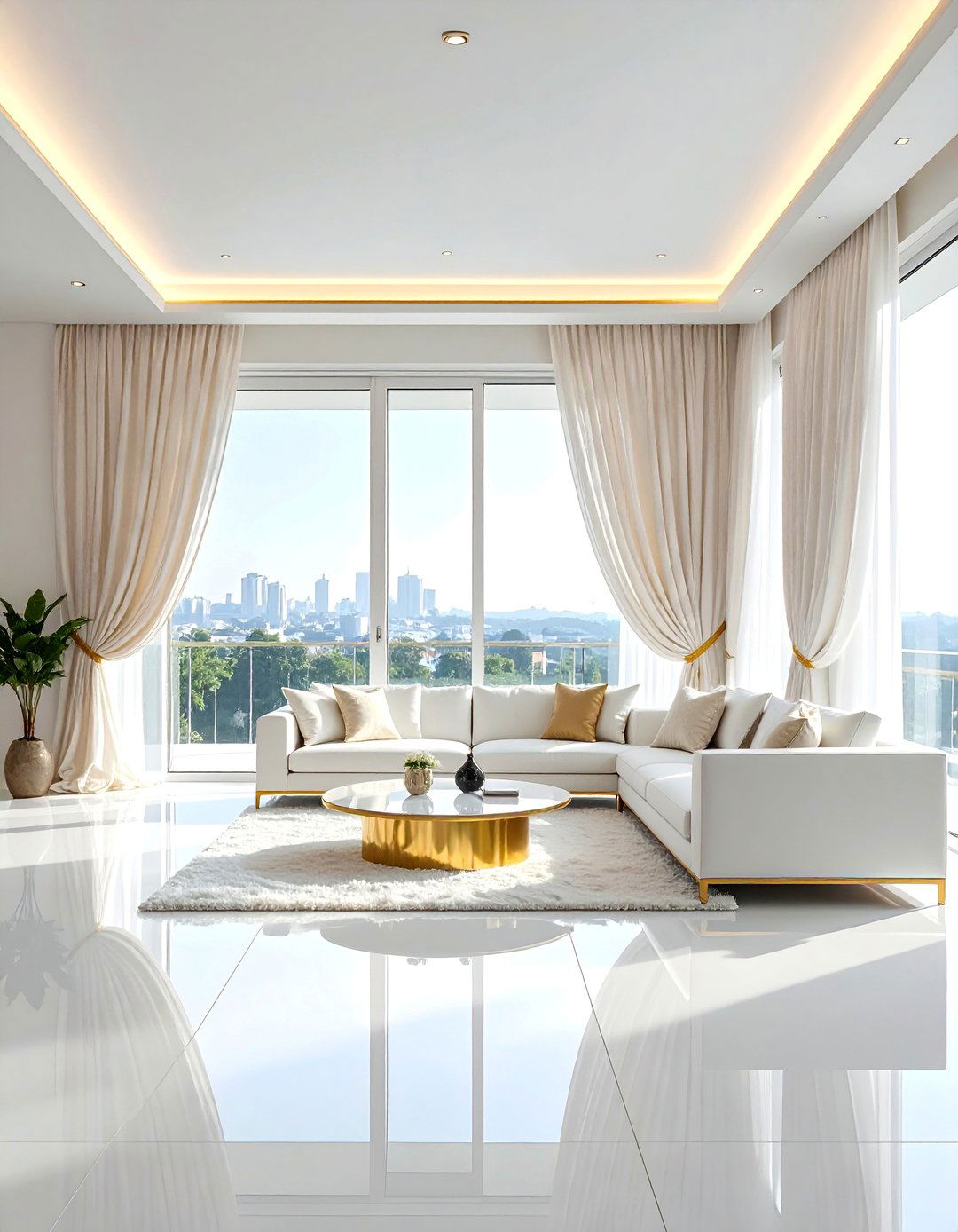 White and Gold Living Room with Statement Curtains - 25 White and Gold Living Room Ideas for Elegance