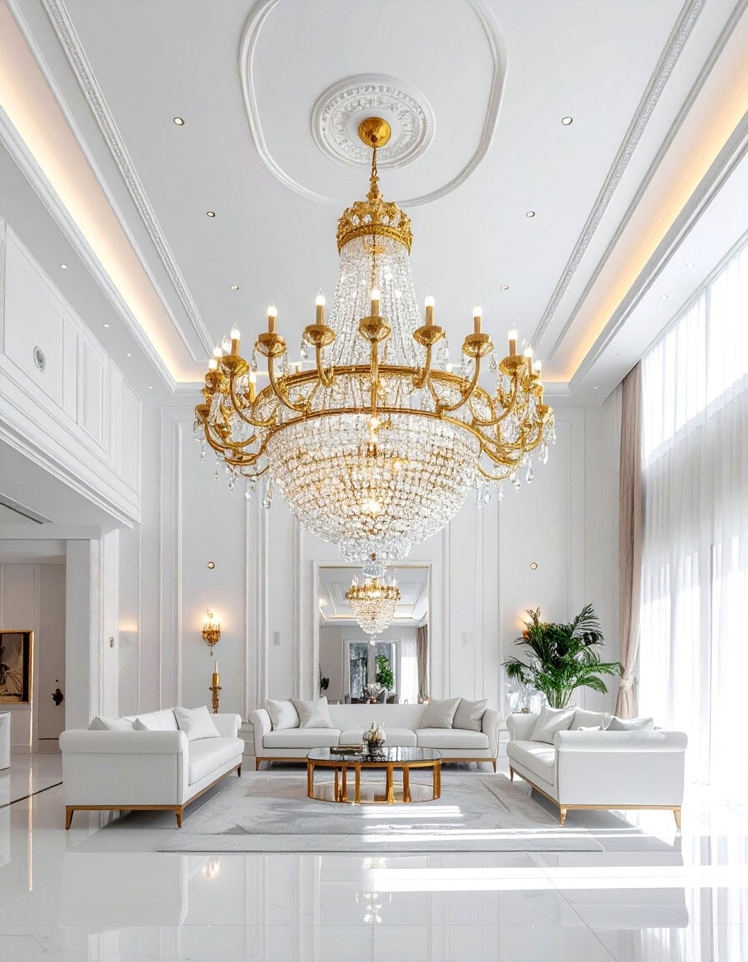 White and Gold Living Room with a Crystal Chandelier - 25 White and Gold Living Room Ideas for Elegance