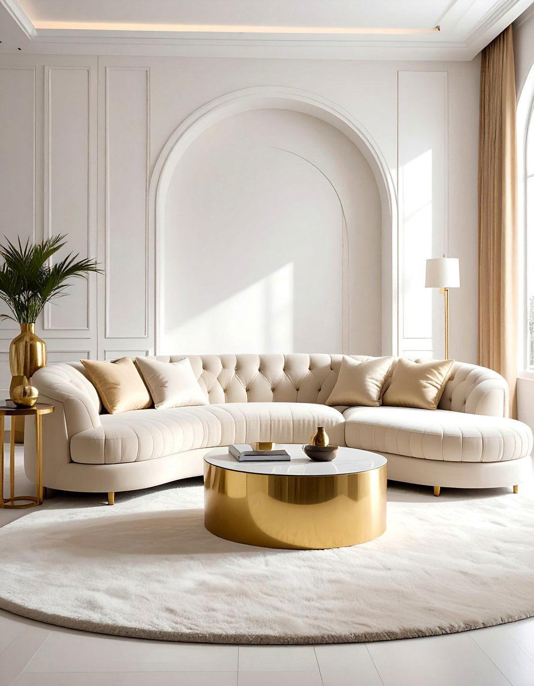 White and Gold Living Room with a Curved Sofa - 25 White and Gold Living Room Ideas for Elegance