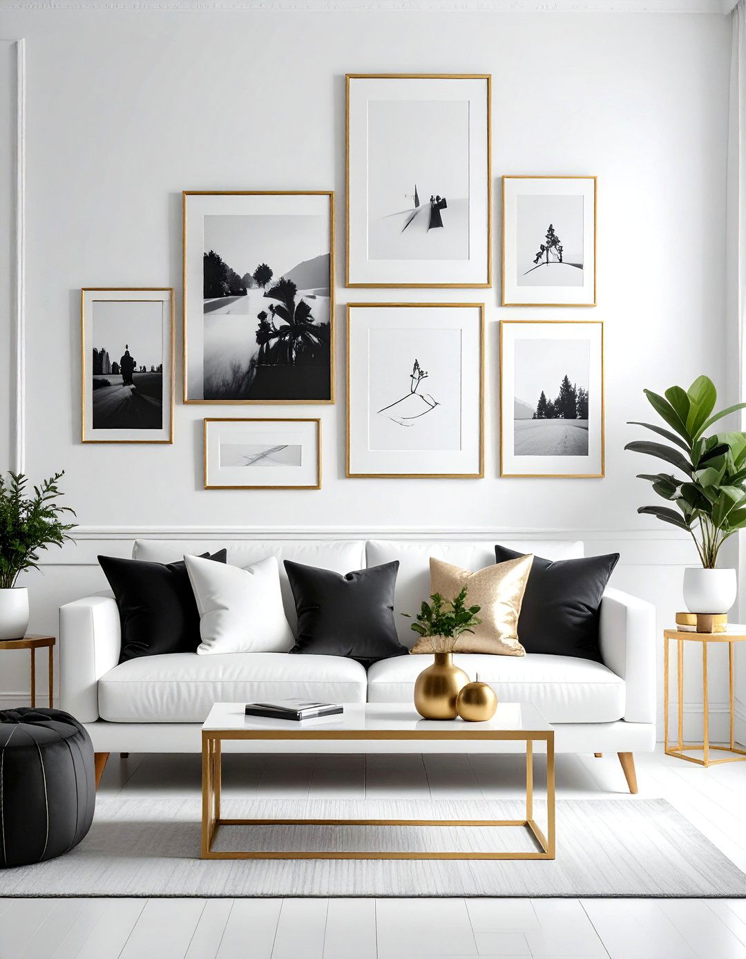 White and Gold Living Room with a Gallery Wall