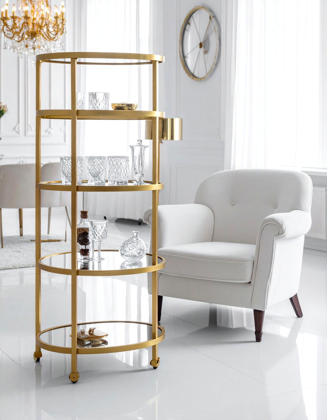 White and Gold Living Room with a Gold Bar Cart - 25 White and Gold Living Room Ideas for Elegance