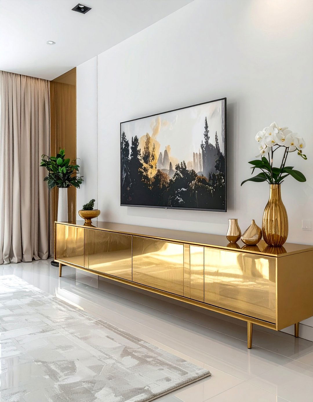 White and Gold Living Room with a Gold Media Console - 25 White and Gold Living Room Ideas for Elegance