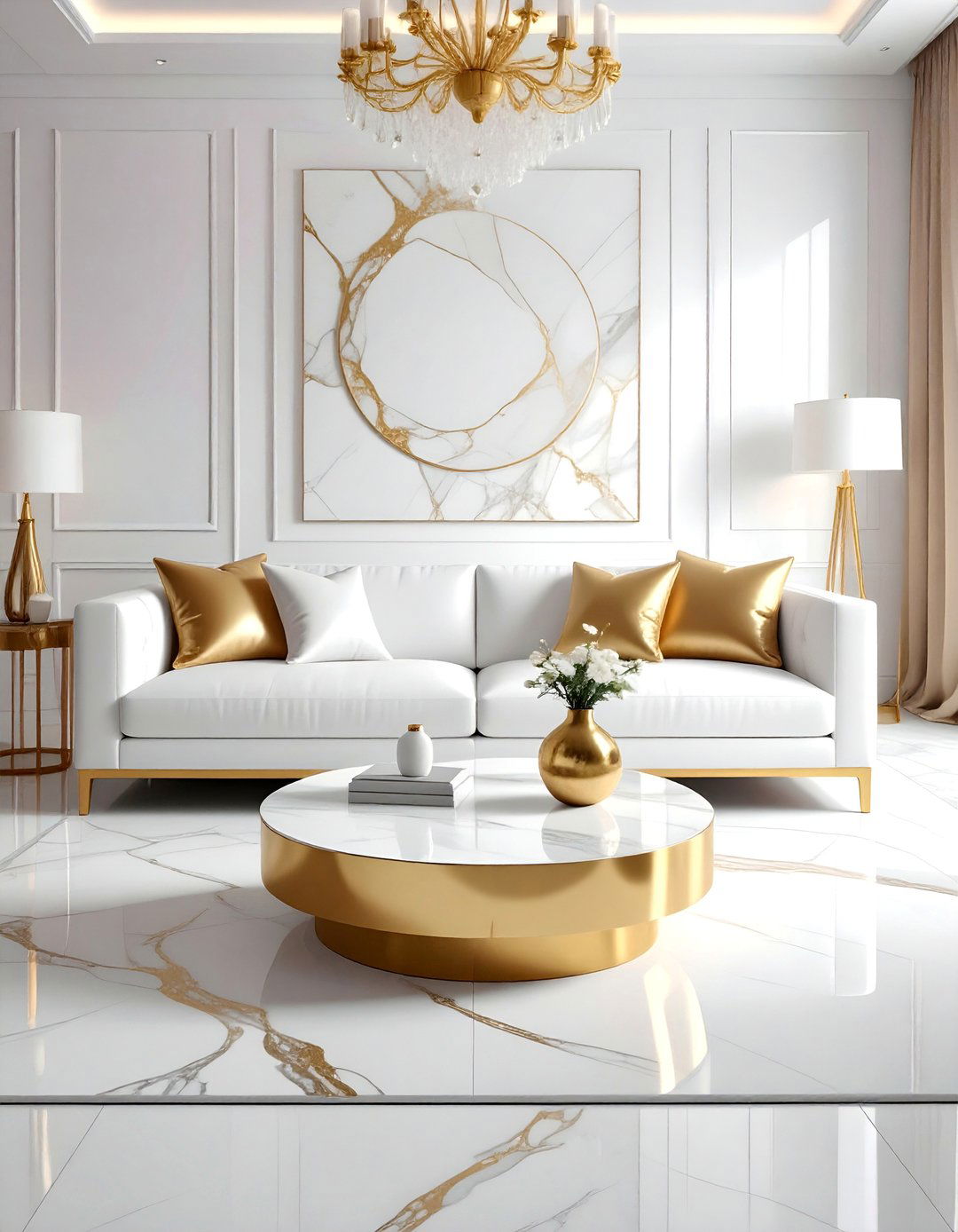 White and Gold Living Room with a Marble Coffee Table - 25 White and Gold Living Room Ideas for Elegance