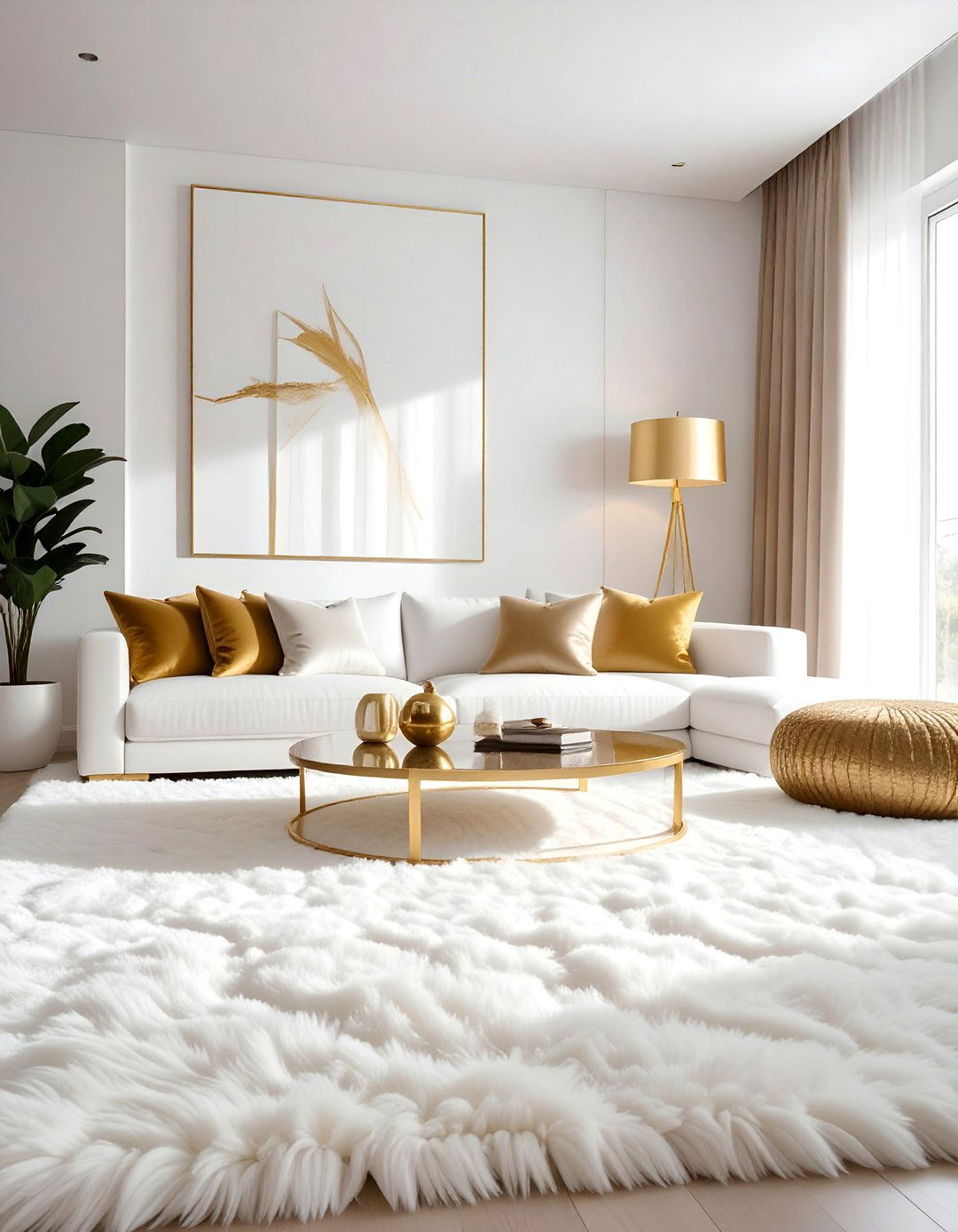 White and Gold Living Room with a Plush Area Rug - 25 White and Gold Living Room Ideas for Elegance
