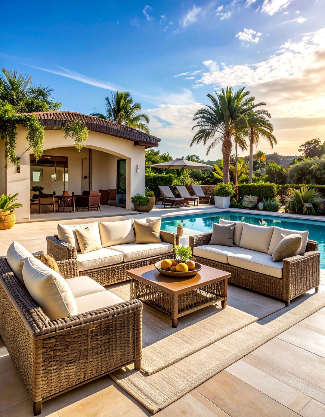 Wicker Conversation Sets with Plush Cushions - 20 Pool Furniture Ideas for a Relaxing Outdoor Space