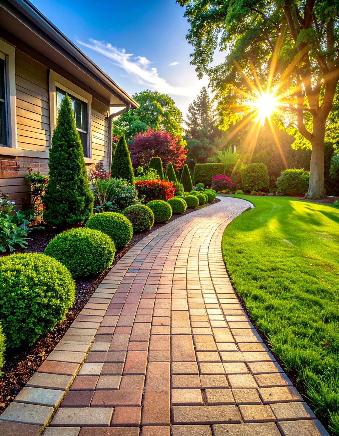 Winding Pathway Lined with Dwarf Boxwood Shrubs - 20 Front Yard Boxwood Shrubs for Elegant Landscaping