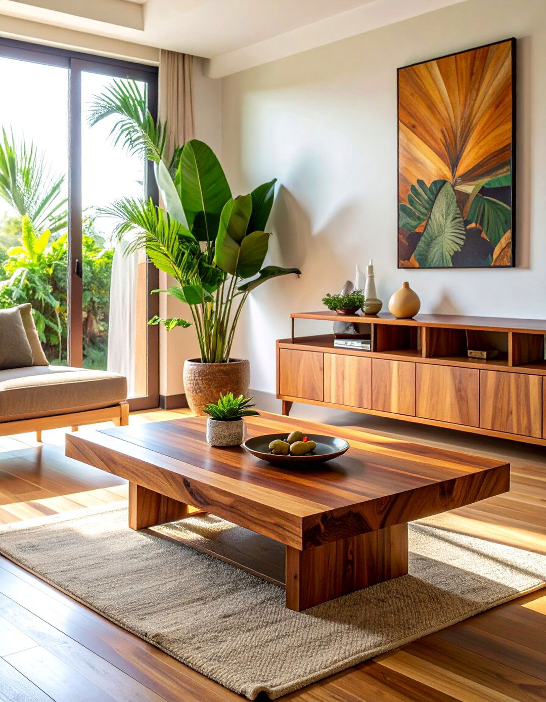 Wood Furniture with Natural Finishes - 25 Tropical Living Room Ideas for a Relaxing Vibe