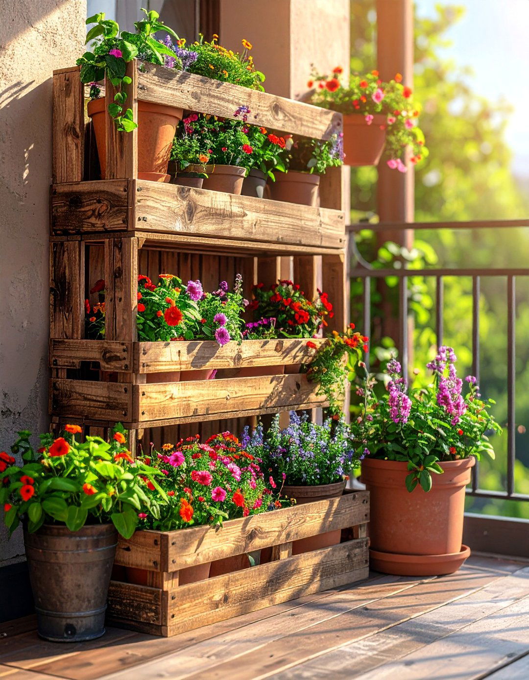 Wooden Crate Shelving Balcony Garden - 40 Creative Balcony Garden Ideas for Small Spaces