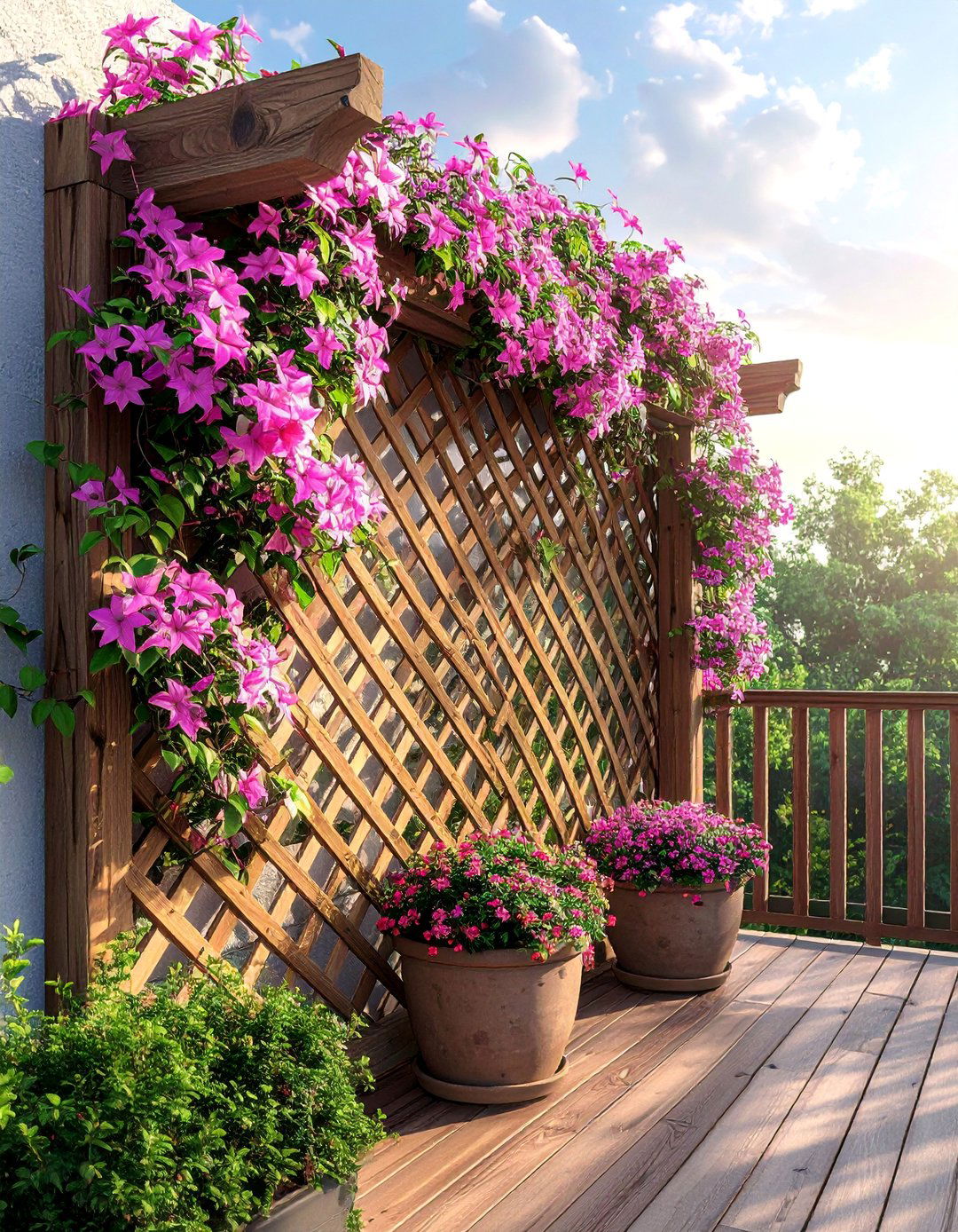 Wooden Lattice Trellis Balcony Divider with Climbing Plants