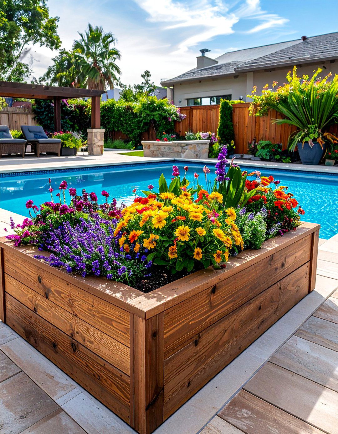 Wooden Raised Bed Pool Planters - 30 Pool Planter Ideas for a Lush Backyard Oasis