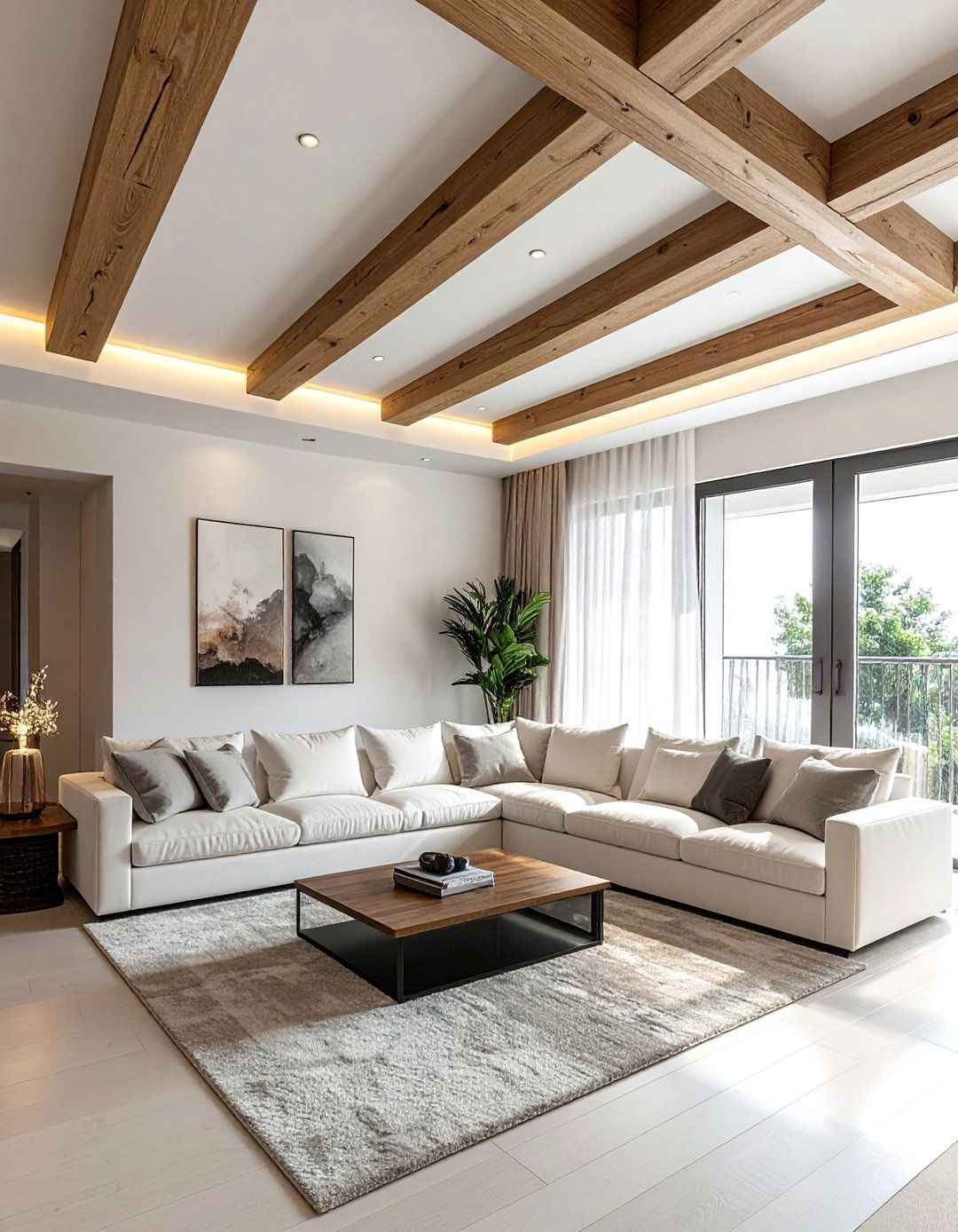 Wooden and Gypsum Combination Design - 20 Living Room False Ceiling Design Ideas for Elegance