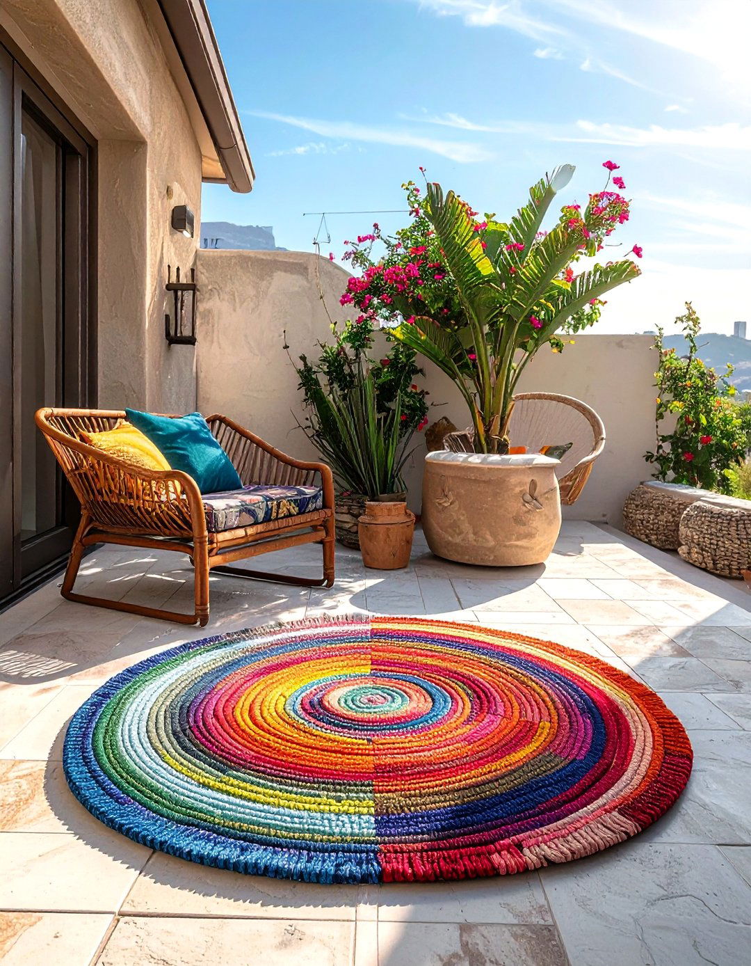 Woven Rag Rug for Color - 40 Small Patio Ideas on a Budget for Cozy Outdoor Living