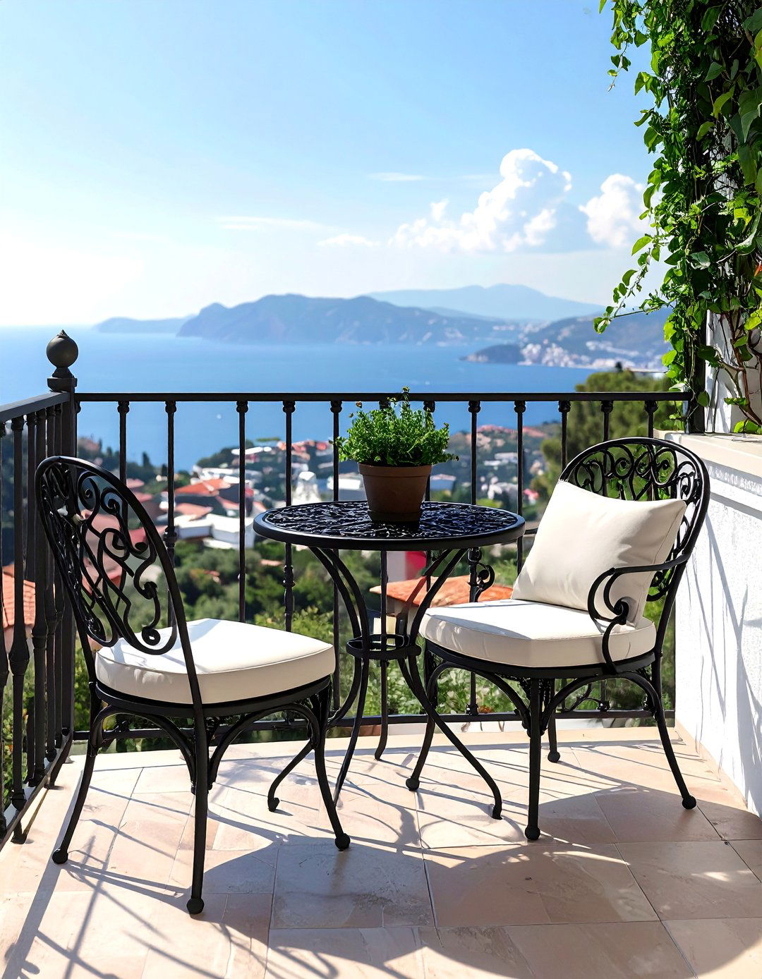 Wrought Iron Furniture on a Mediterranean Balcony - 20 Mediterranean Balcony Ideas for a Scenic Escape