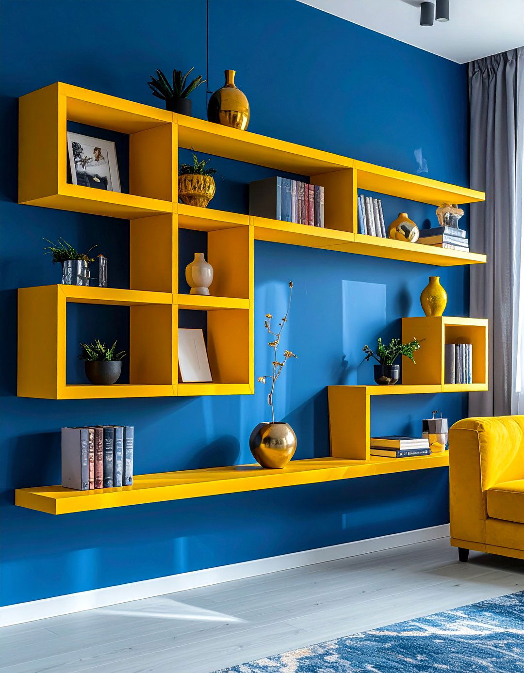 Yellow Bookshelves Against a Blue Accent Wall - 15 Yellow and Blue Living Room Ideas for Cheer
