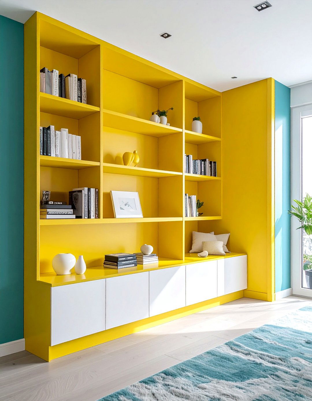 Yellow Built In Shelving in a Teal Room - 25 Vibrant Teal and Yellow Living Room Ideas