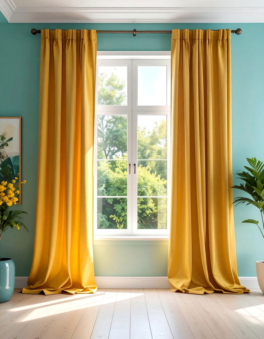 Yellow Curtains in a Teal Walled Living Room - 25 Vibrant Teal and Yellow Living Room Ideas