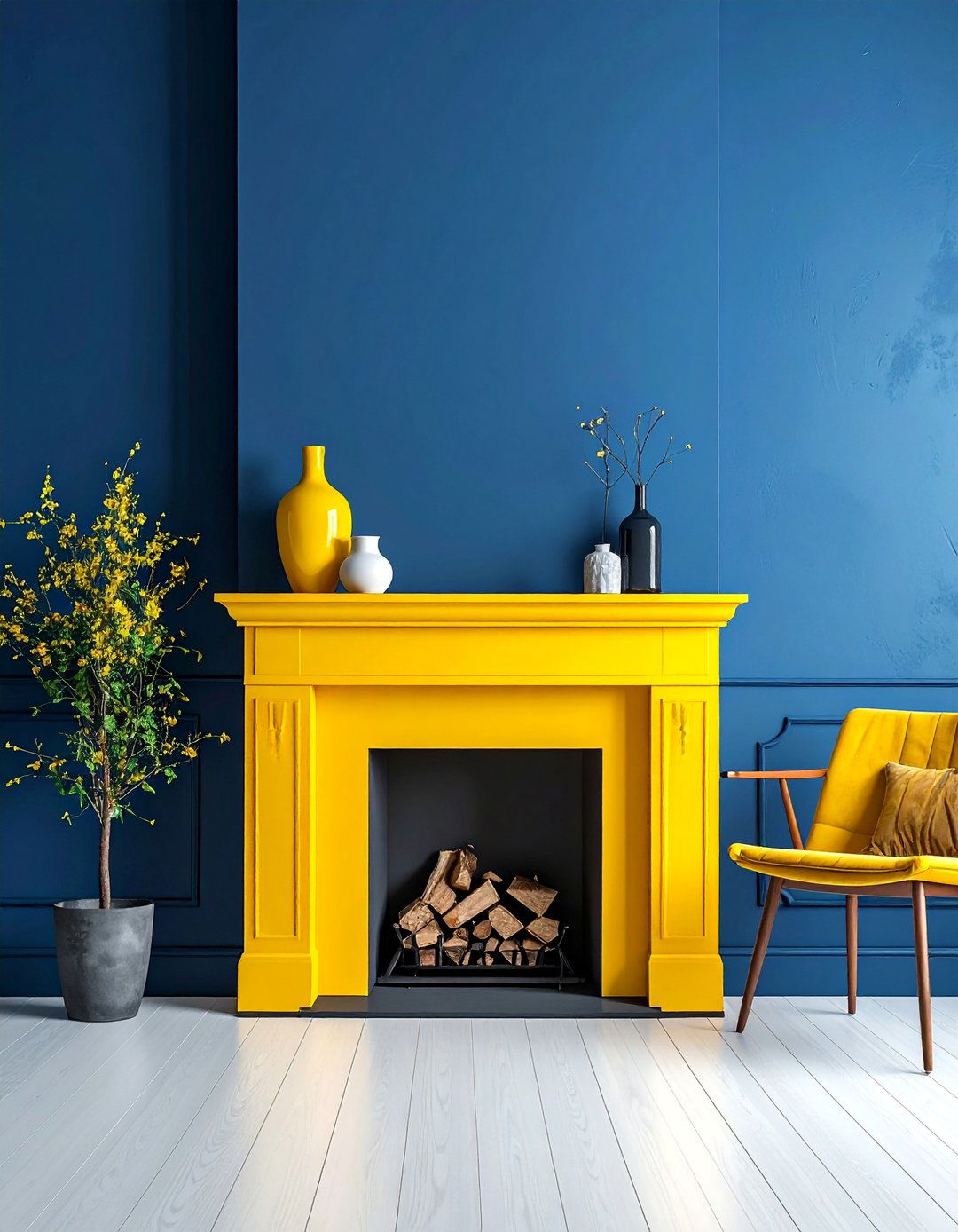 Yellow Fireplace Mantel on a Blue Wall - 15 Yellow and Blue Living Room Ideas for Cheer