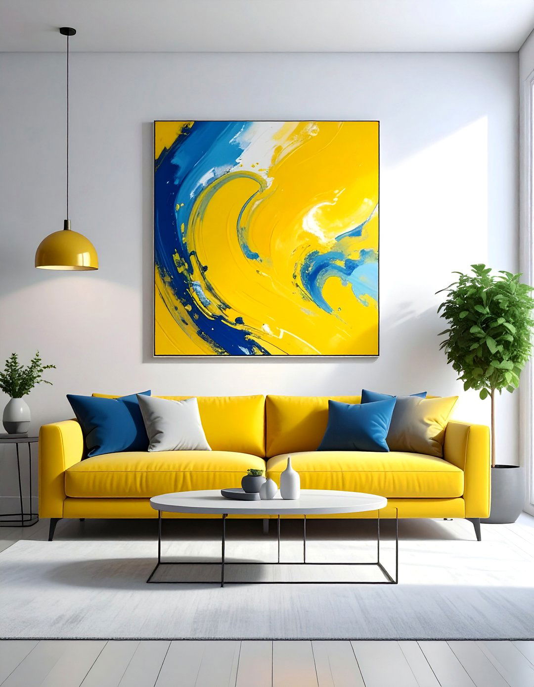 Yellow and Blue Abstract Art as a Focal Point - 15 Yellow and Blue Living Room Ideas for Cheer