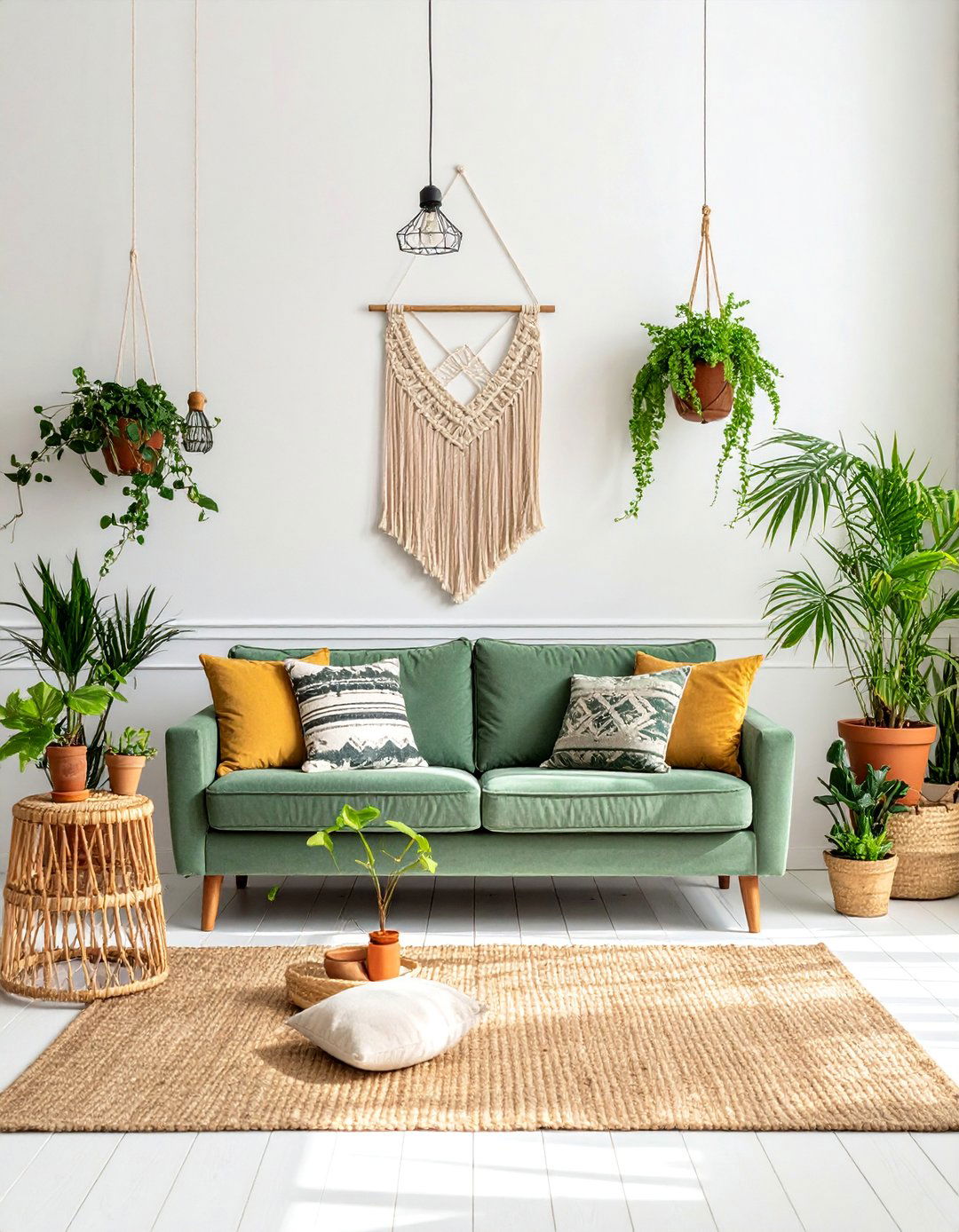 A Bohemian Living Room Featuring a Sage Green Couch - 20 Sage Green Couch Living Room Ideas for Serenity
