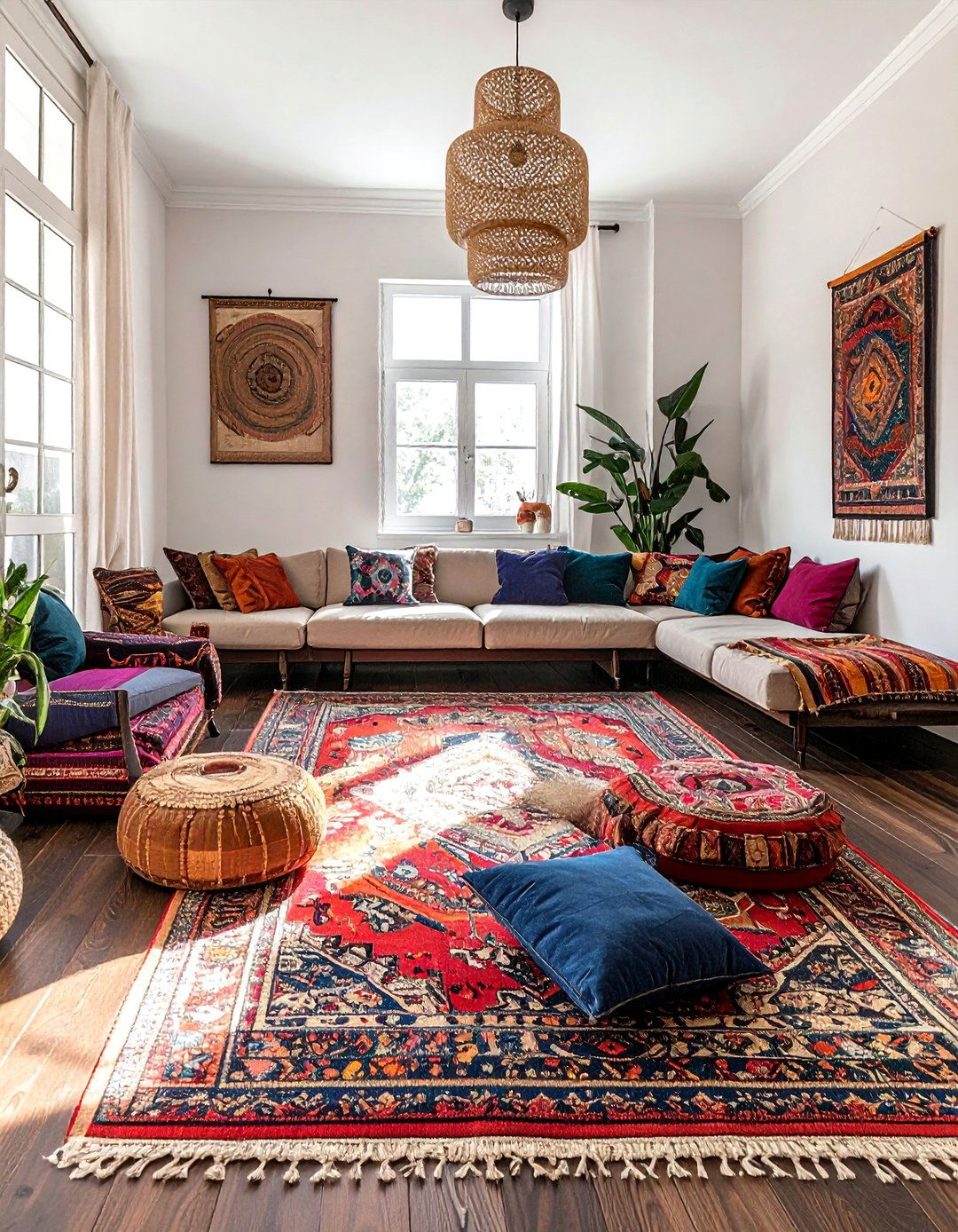 A Bohemian Style with Layered Rugs and Textiles - 30 Dark Brown Floor Living Room Ideas for a Warm Ambiance