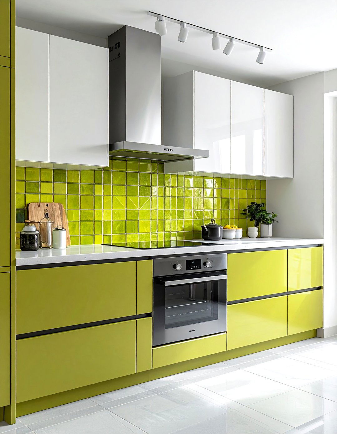A Chartreuse Backsplash in a Muted Green Kitchen - 20 Green and Yellow Kitchen Ideas for a Fresh Look