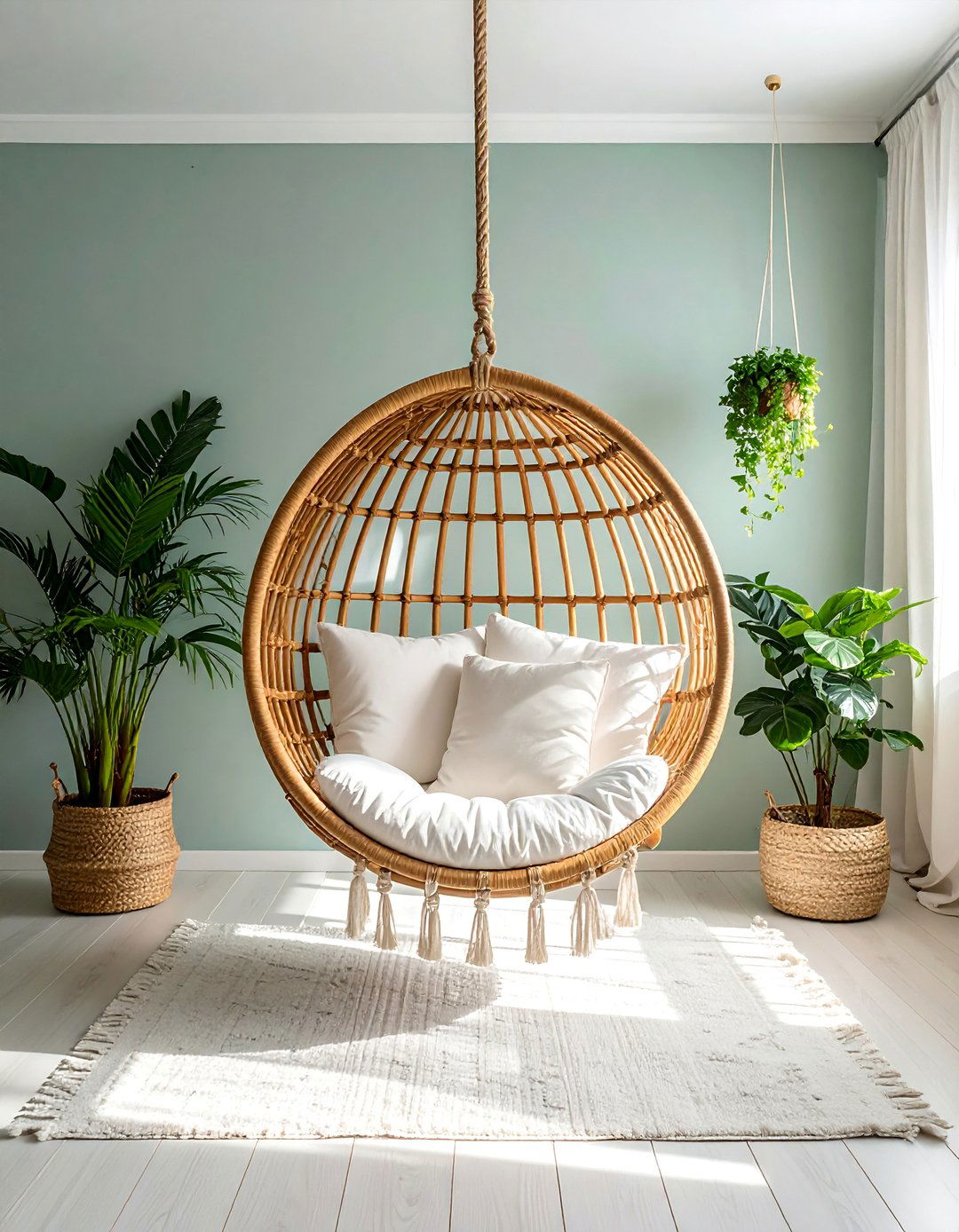 A Chill Aesthetic Room with a Whimsical Hanging Rattan Chair - 25 Chill Aesthetic Room Ideas for a Relaxing Ambiance