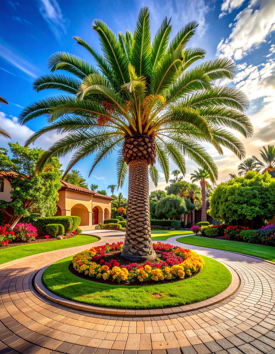 A Circular Driveway with a Central Palm Island - 35 Front Yard Palm Tree Landscape Design Ideas