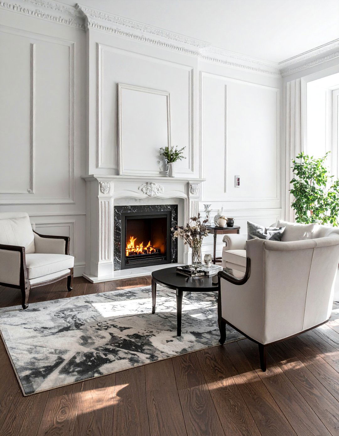 A Classic White Fireplace Mantel - 30 Dark Brown Floor Living Room Ideas for a Warm Ambiance