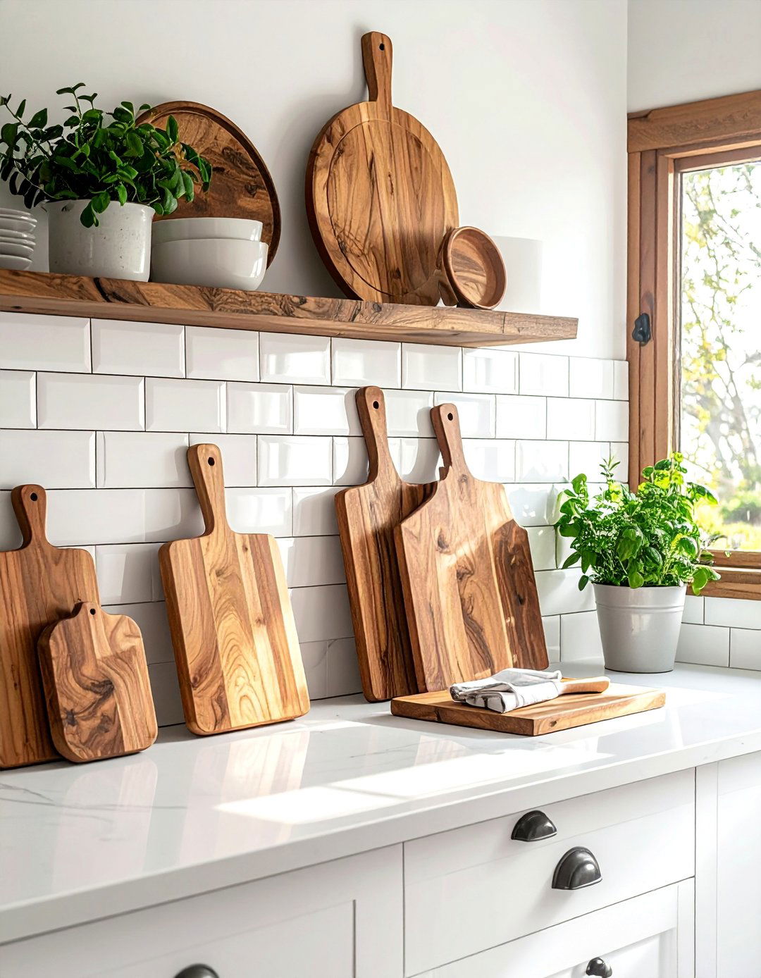 A Collection of Cutting Boards on Display - 40 Kitchen Decor Ideas to Refresh Your Cooking Space