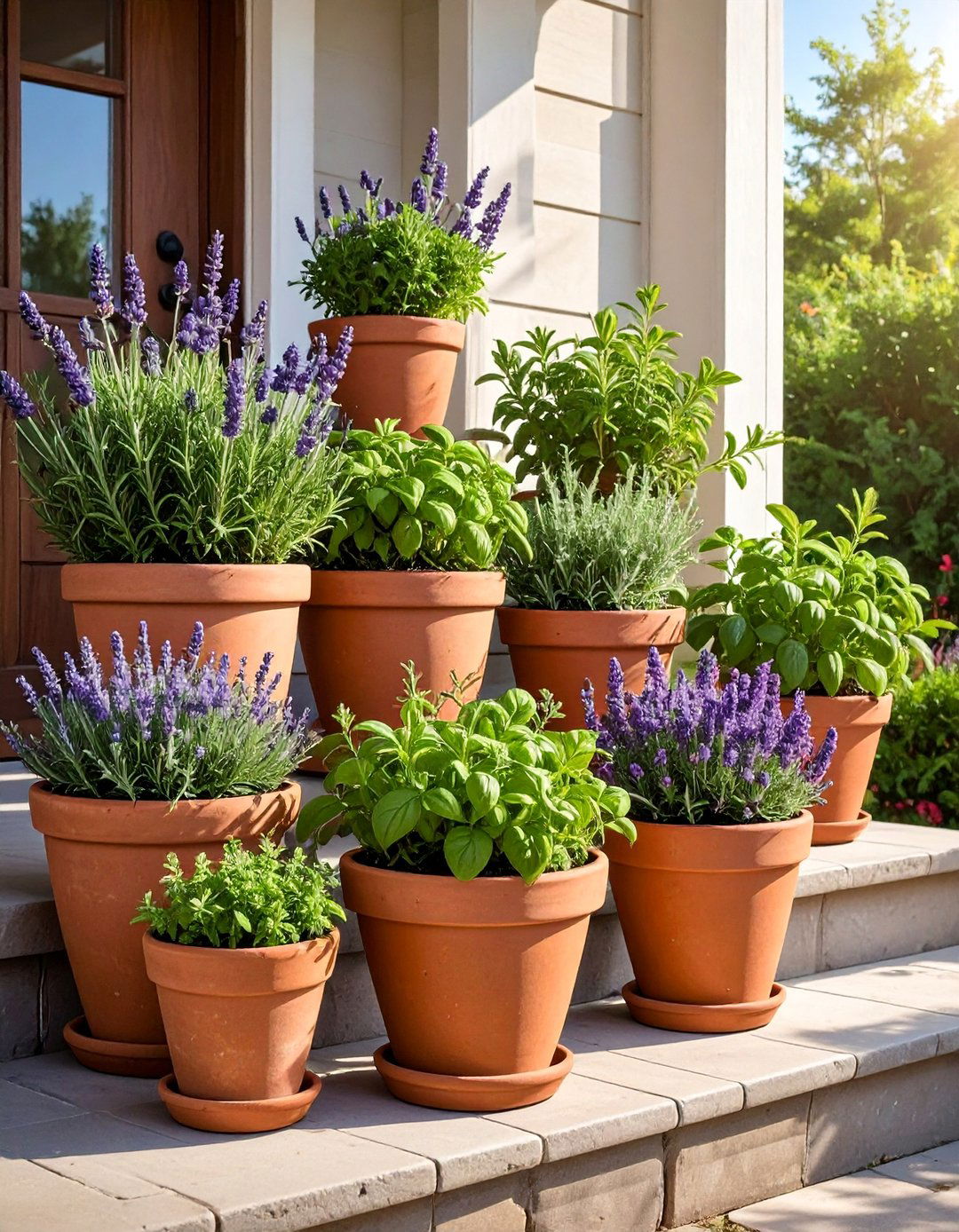 A Collection of Terracotta Pots with Herbs - 40 Front Porch Ideas to Welcome Guests in Style