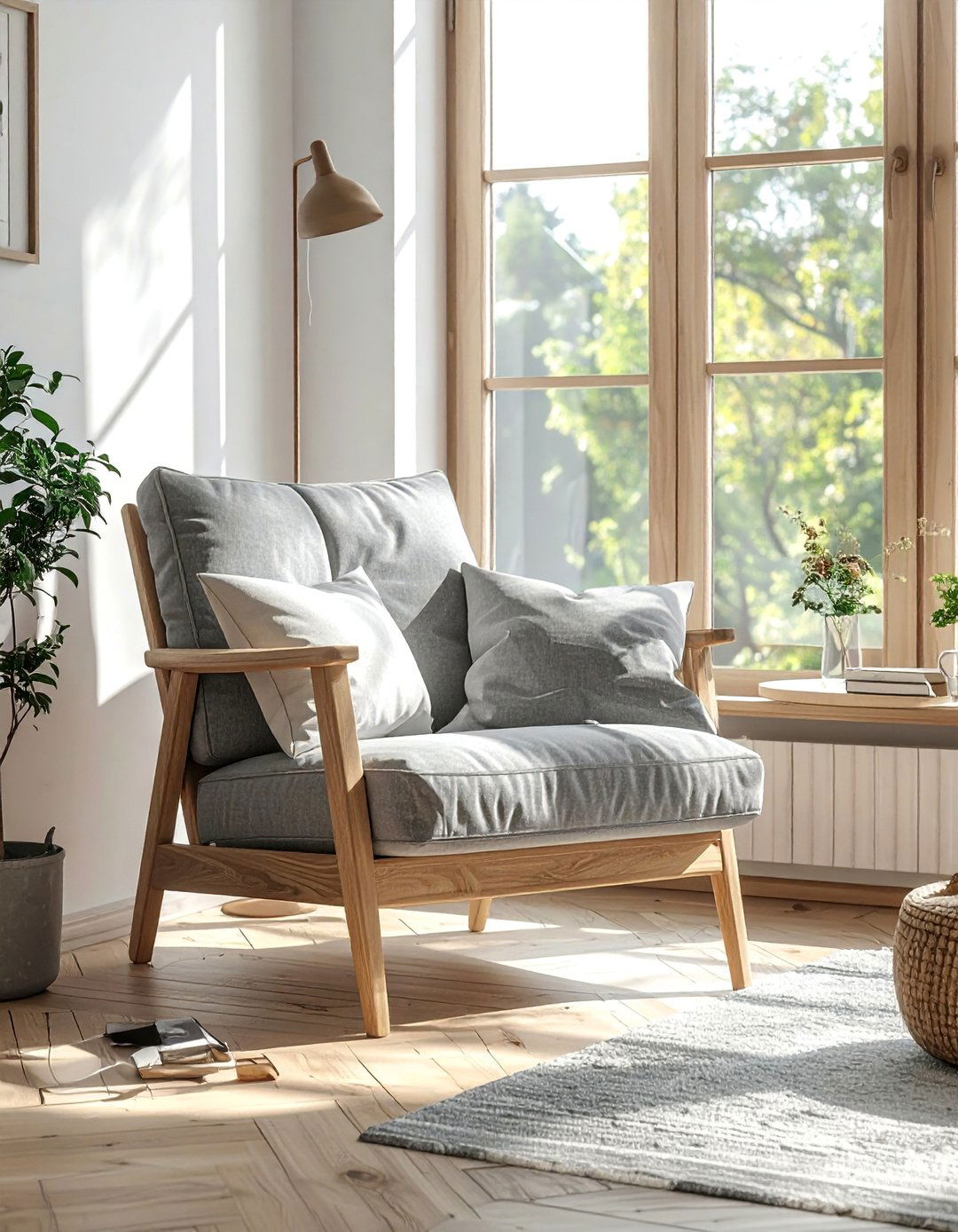 A Comfortable Armchair with a Wooden Frame - 30 Rustic Scandinavian Living Room Ideas for a Cozy Vibe