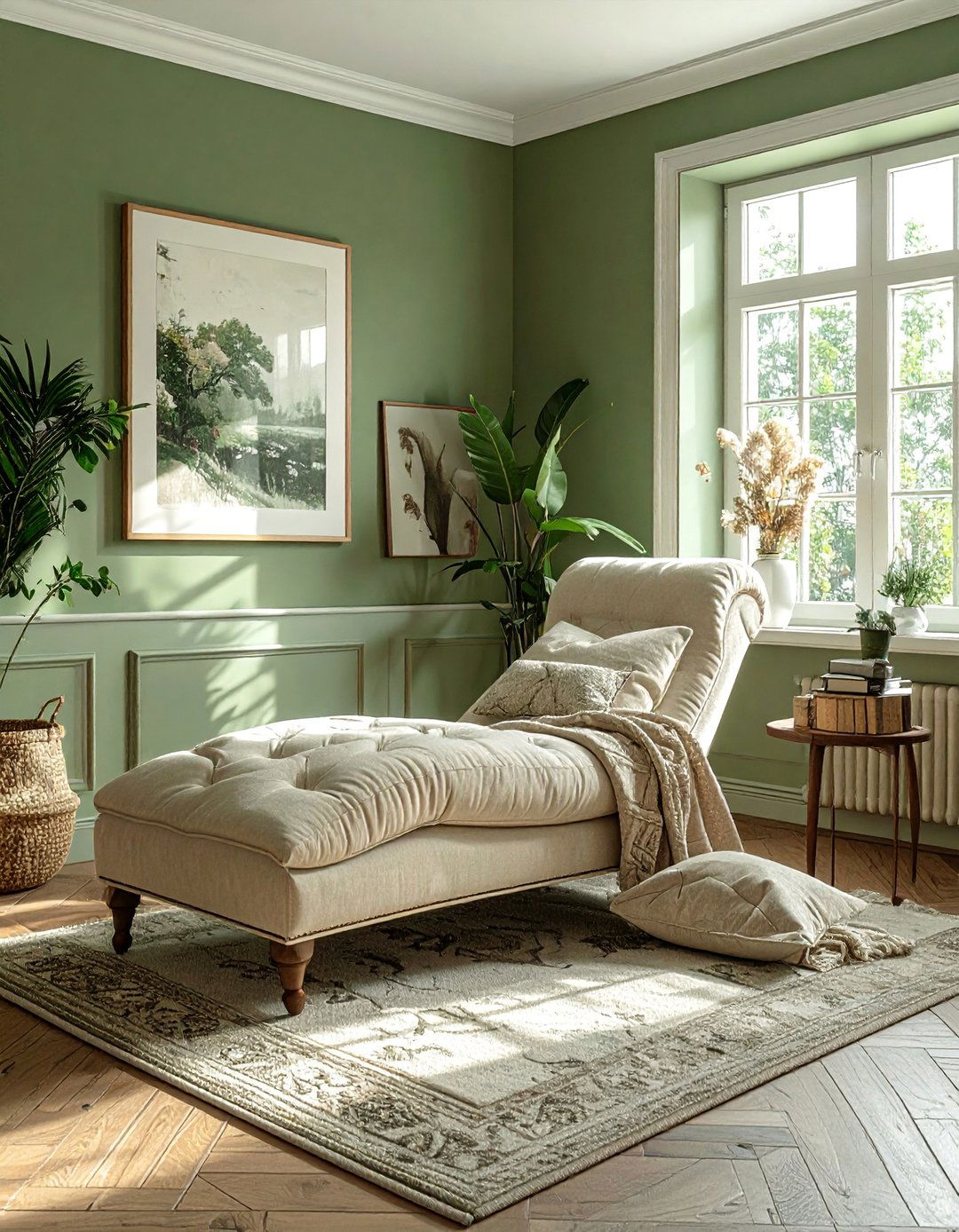 A Comfortable Chaise Lounge for Relaxation - 25 Rustic Sage Green Living Room Ideas for Serenity