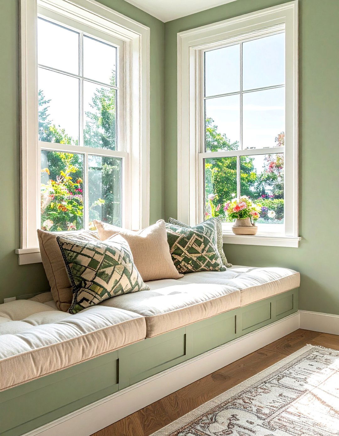 A Cozy Window Seat Nook - 25 Rustic Sage Green Living Room Ideas for Serenity