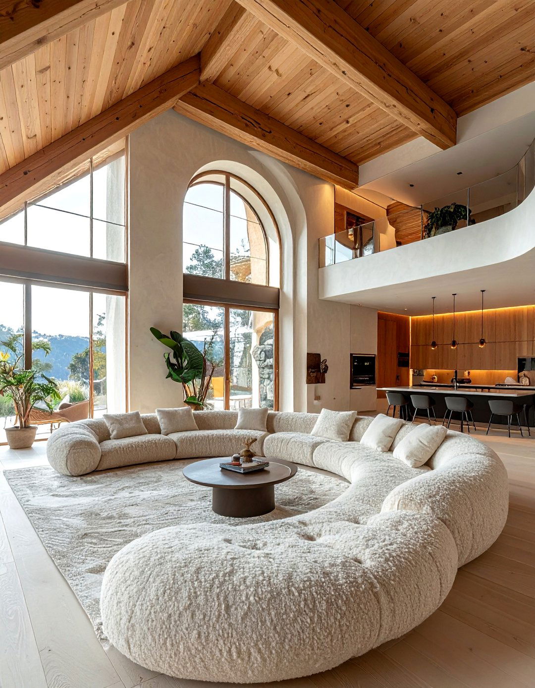 A Curved Sofa in a Vaulted Ceiling Living Room - 20 Open Concept Vaulted Ceiling Living Room Ideas