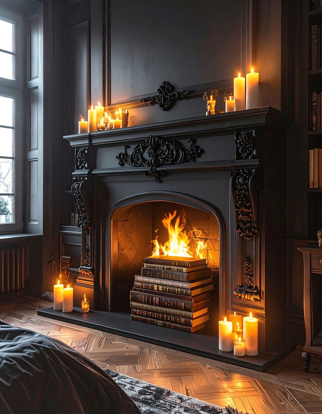 A Dark Academia Bedroom Featuring a Faux Fireplace Mantel - 25 Dark Academia Bedroom Ideas for a Moody, Intellectual Look