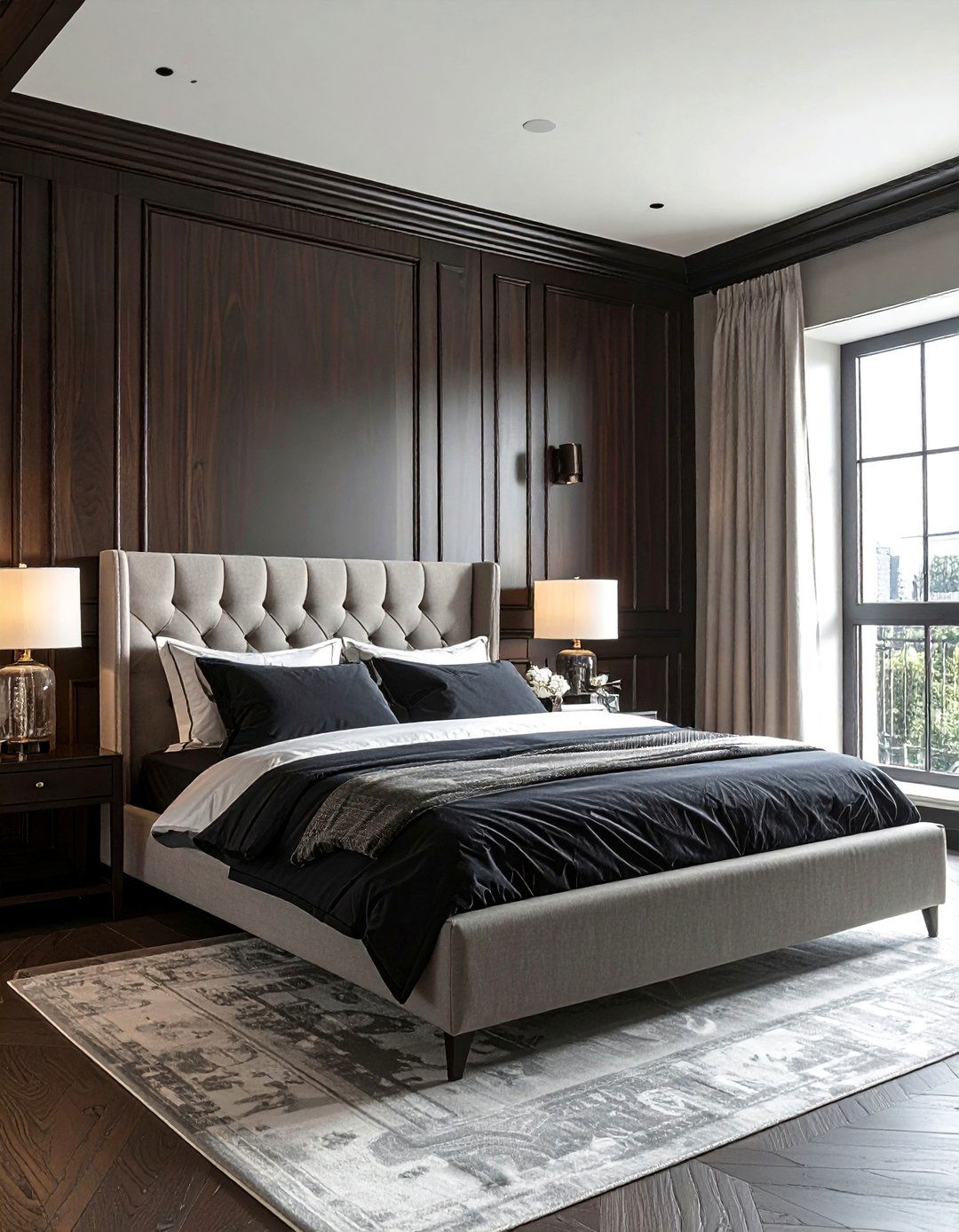 A Dark Academia Bedroom with a Dark Wood Paneling Accent Wall - 25 Dark Academia Bedroom Ideas for a Moody, Intellectual Look