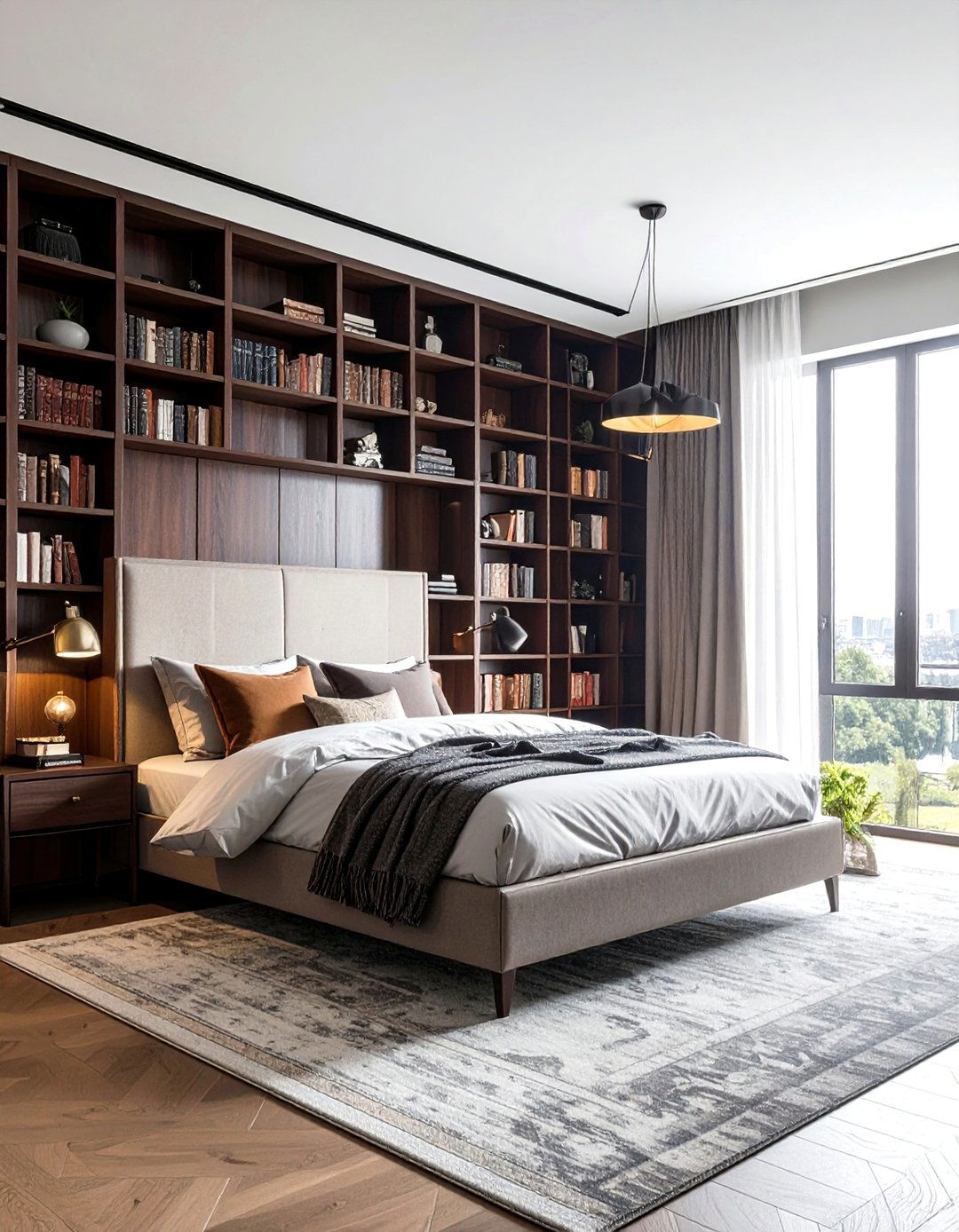 A Dark Academia Bedroom with a Floor to Ceiling Bookshelf - 25 Dark Academia Bedroom Ideas for a Moody, Intellectual Look