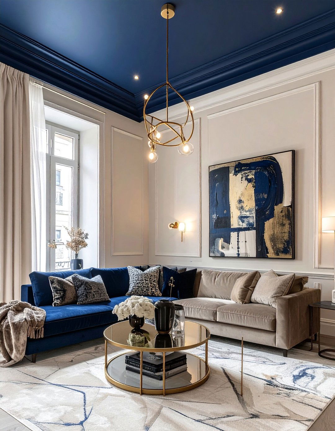 A Dark Navy Ceiling in a Cream Room - 25 Navy and Cream Living Room Ideas for Timeless Elegance