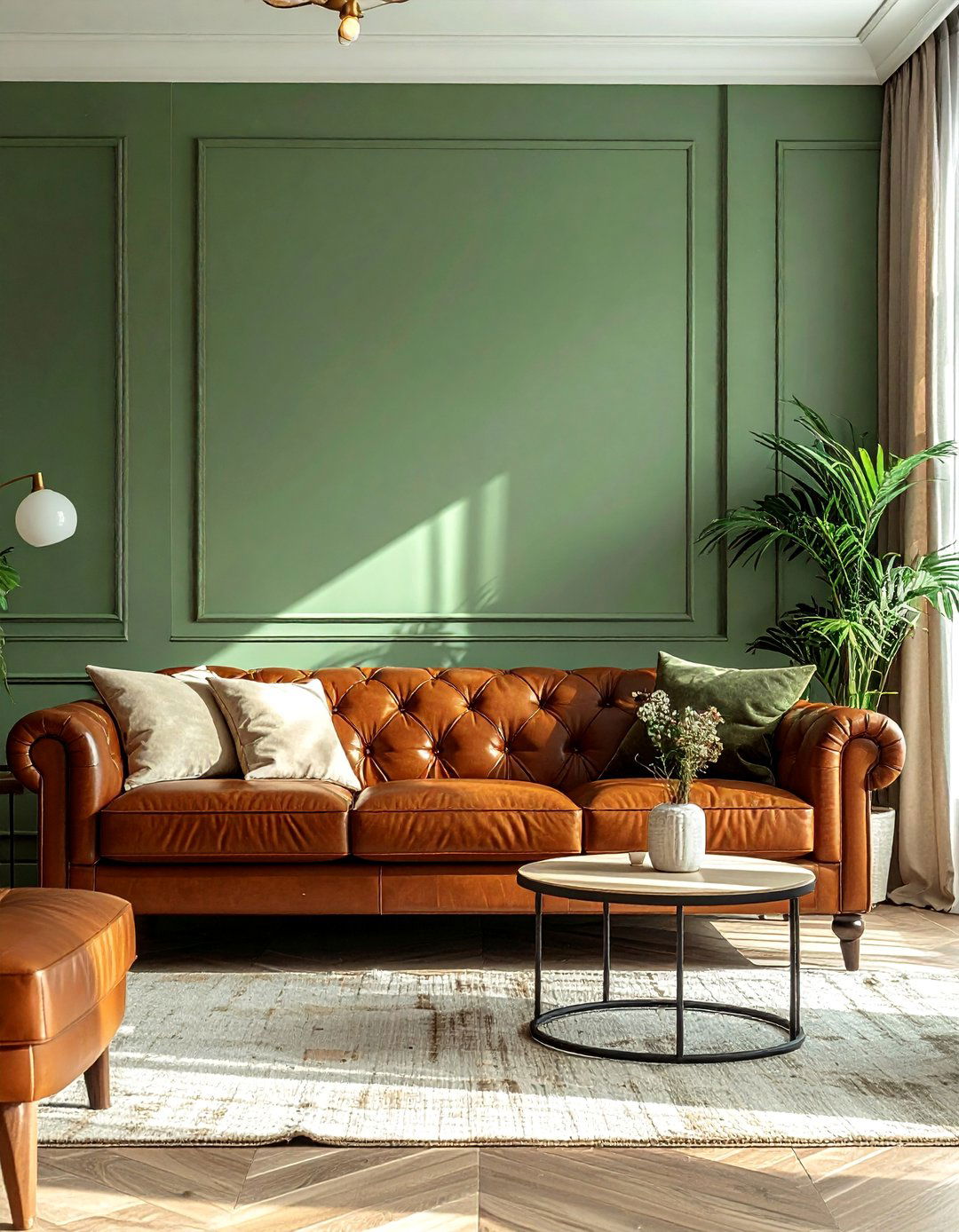 A Dominant Sage Green Accent Wall - 20 Sage Green and Brown Living Room Ideas for Balance