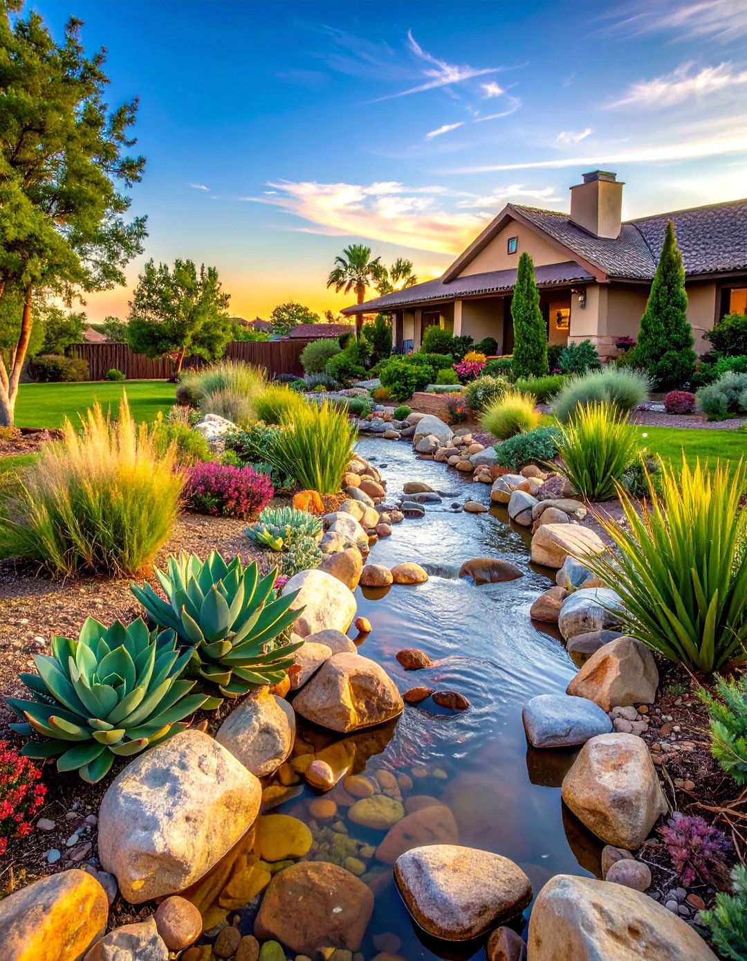 A Dry Creek Bed Feature for a Ranch House - 30 Ranch House Landscaping Ideas for Curb Appeal