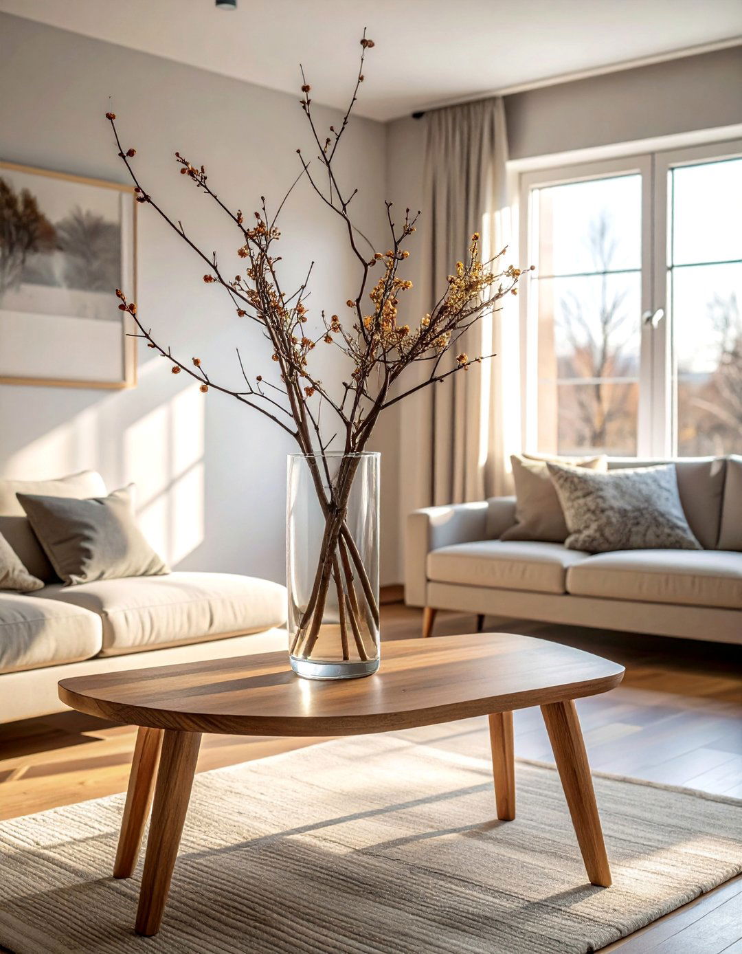 A Foraged Branches Display in a Simple Vase - 30 Rustic Scandinavian Living Room Ideas for a Cozy Vibe