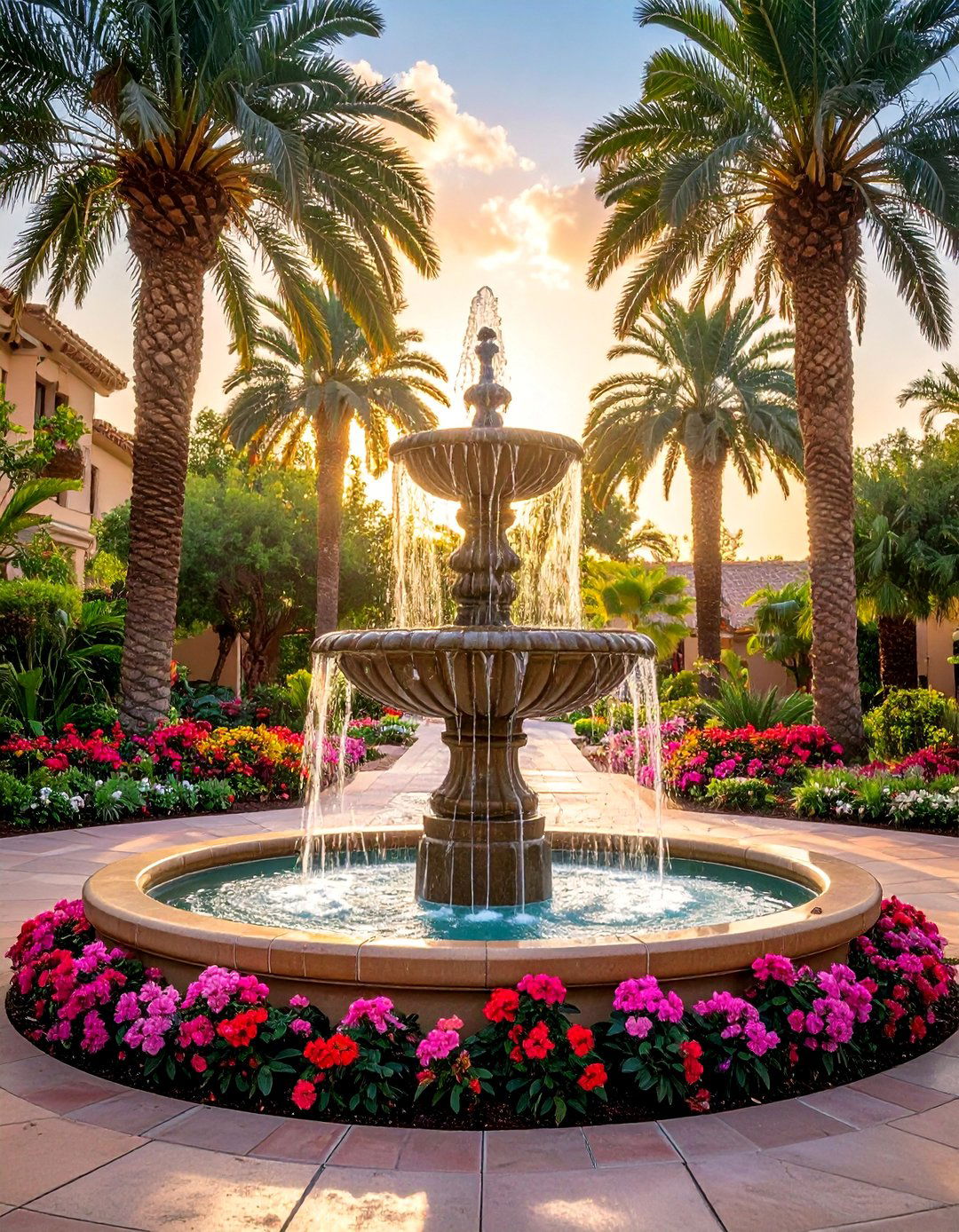 A Fountain Surrounded by Kentia Palms - 35 Front Yard Palm Tree Landscape Design Ideas