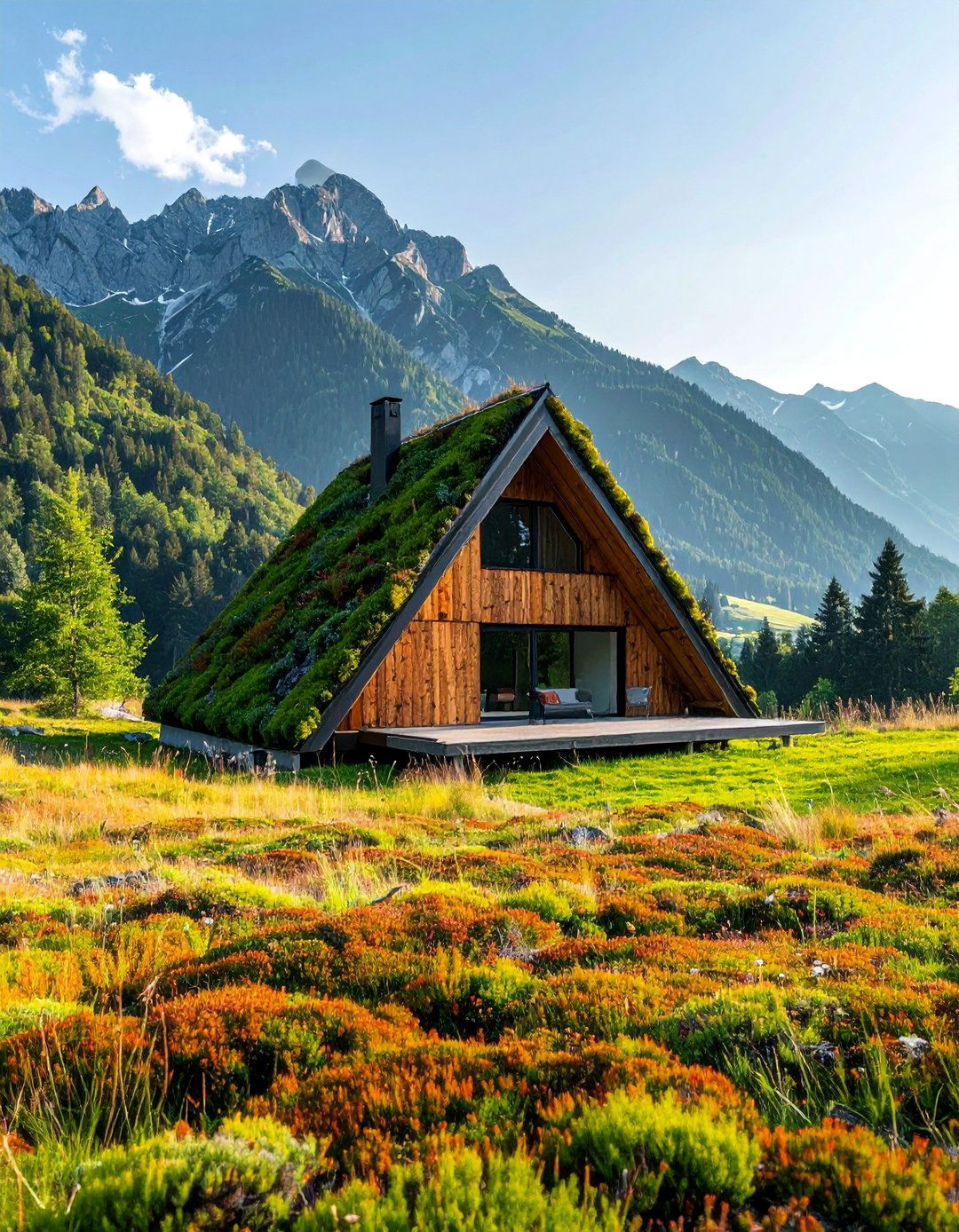 A Frame House With a Steeply Pitched Green Roof - 20 Houses With Green Roofs for Sustainable Living