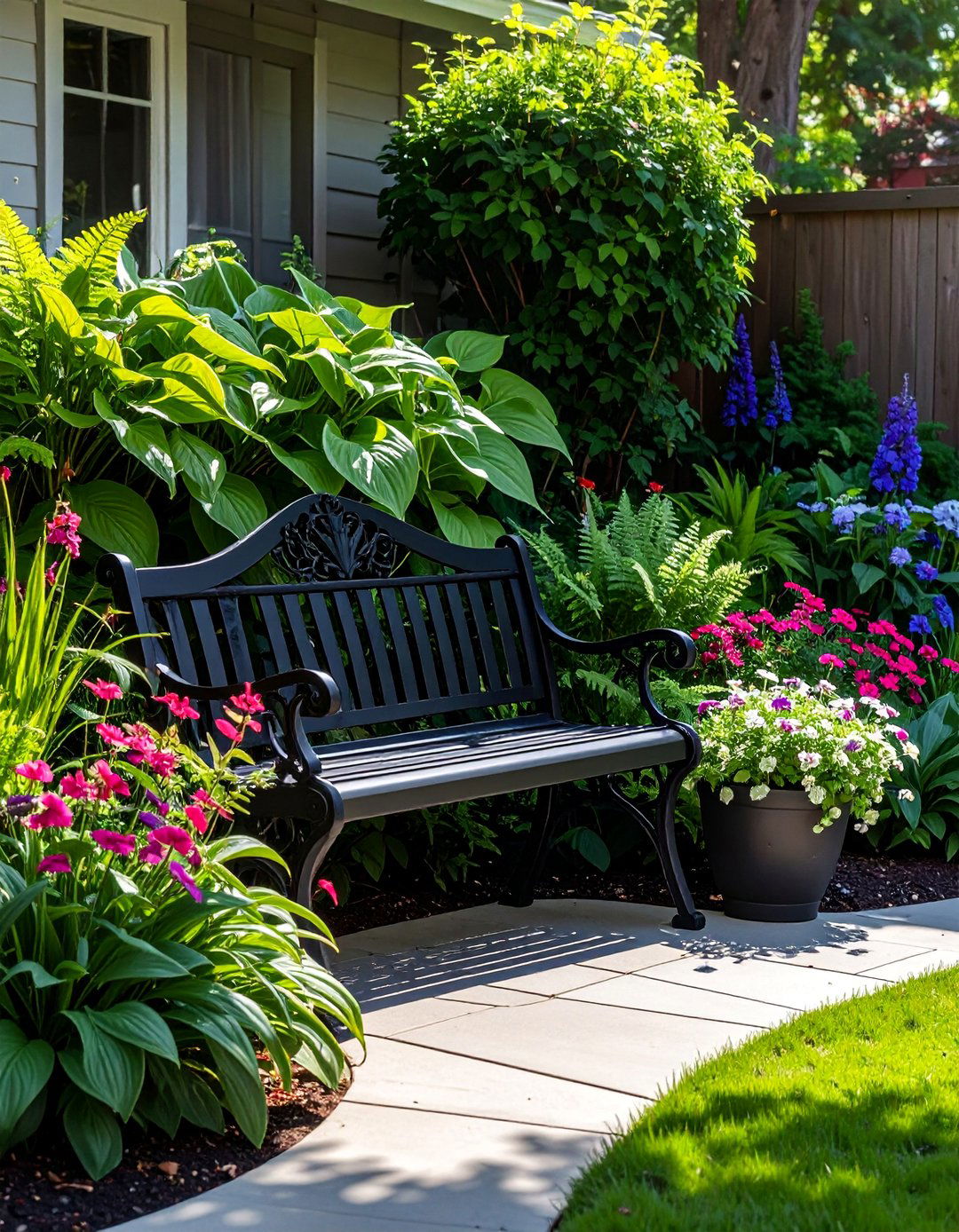 A Front Yard Bench with Potted Plants - 40 Small Front Yard Landscaping Ideas to Boost Curb Appeal