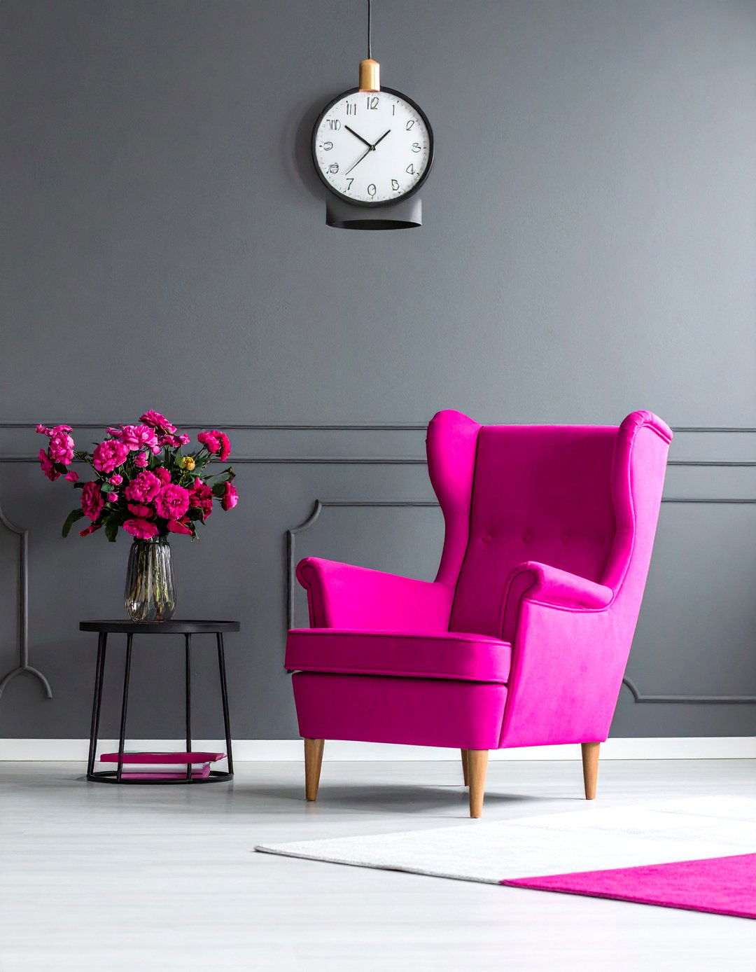 A Fuchsia Statement Chair in a Grey Room - 25 Pink and Grey Living Room Ideas for a Modern Look
