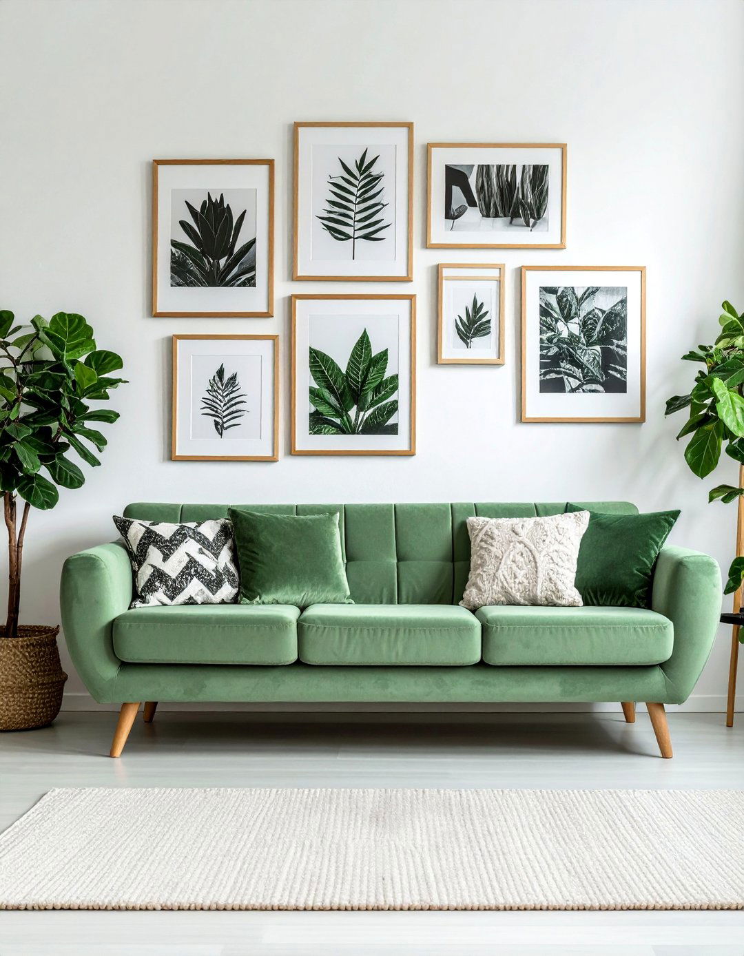 A Gallery Wall Above a Sage Green Couch - 20 Sage Green Couch Living Room Ideas for Serenity