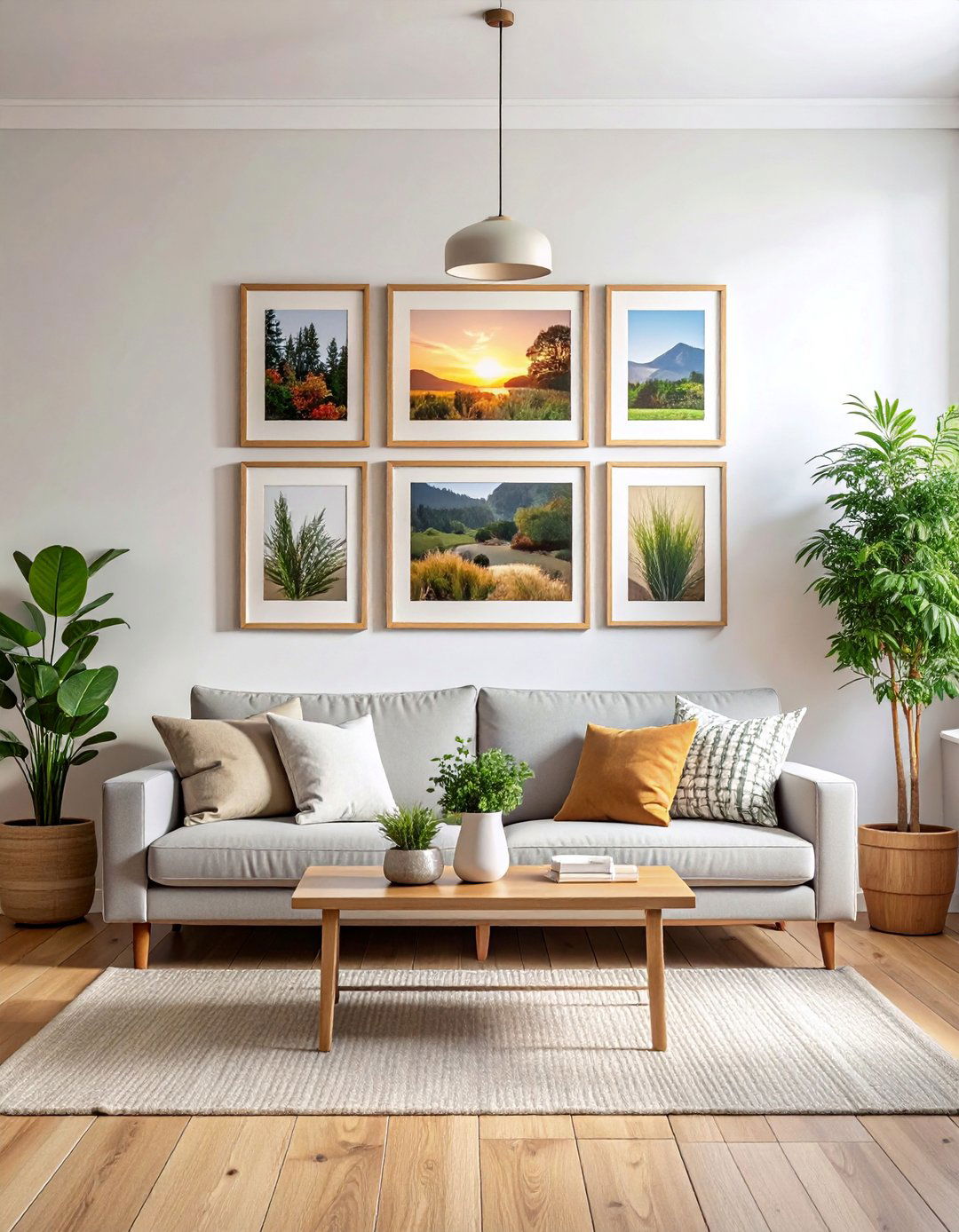 A Gallery Wall of Nature Inspired Art - 30 Rustic Scandinavian Living Room Ideas for a Cozy Vibe
